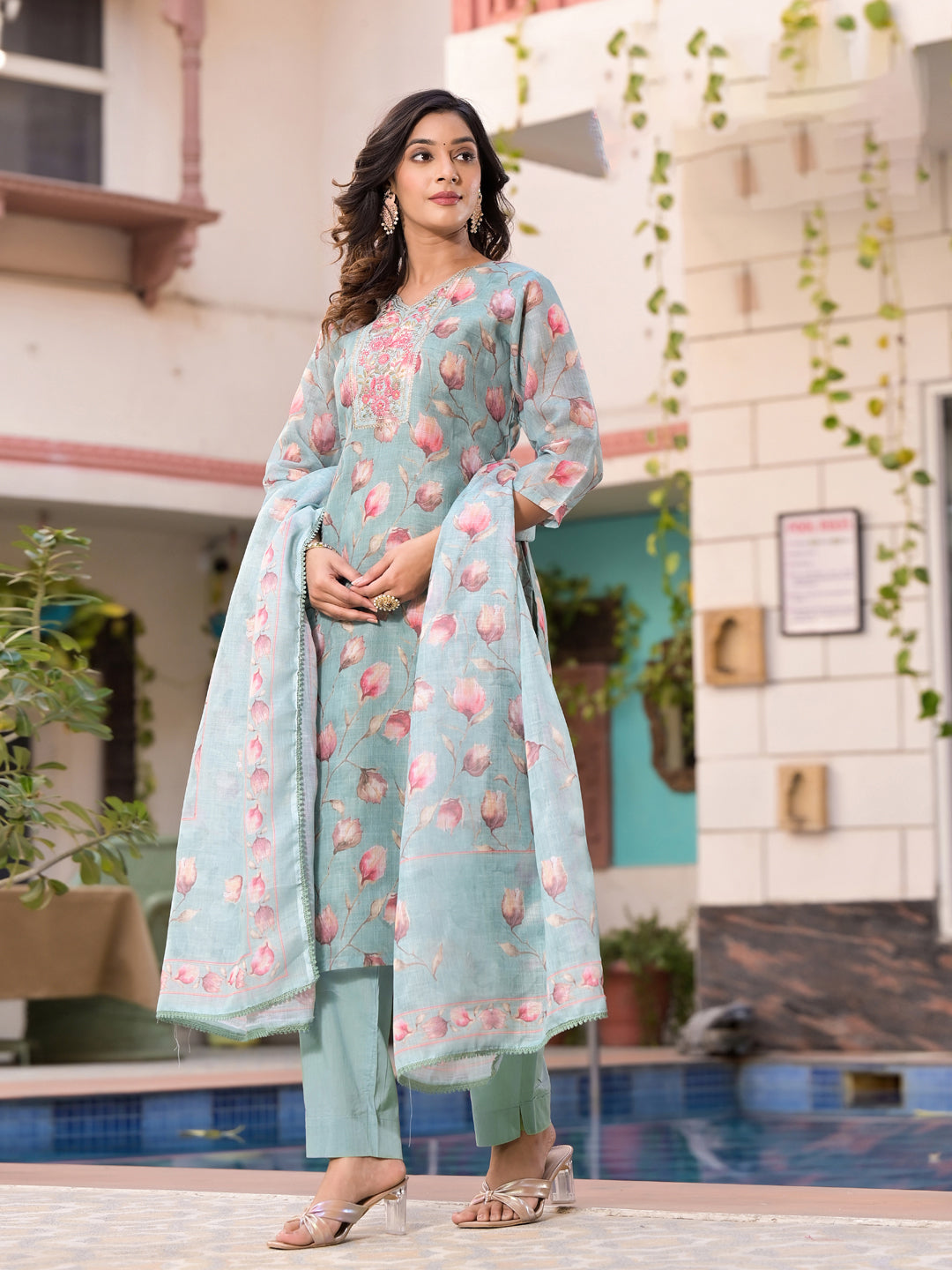 Stylish Blue Designer Pant Suit with Printed Embroidery - Elegant Women's Formal Wear for Office, Parties & Special Occasions