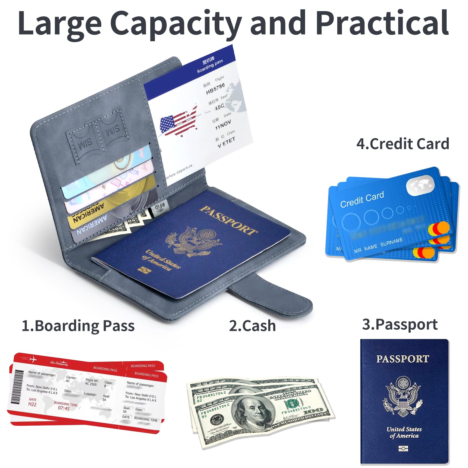 Premium RFID Blocking Leather Passport Holder with Credit Card & Boarding Pass Slots - Navy Grey Travel Wallet for Secure International Trips & Business Travel Accessories