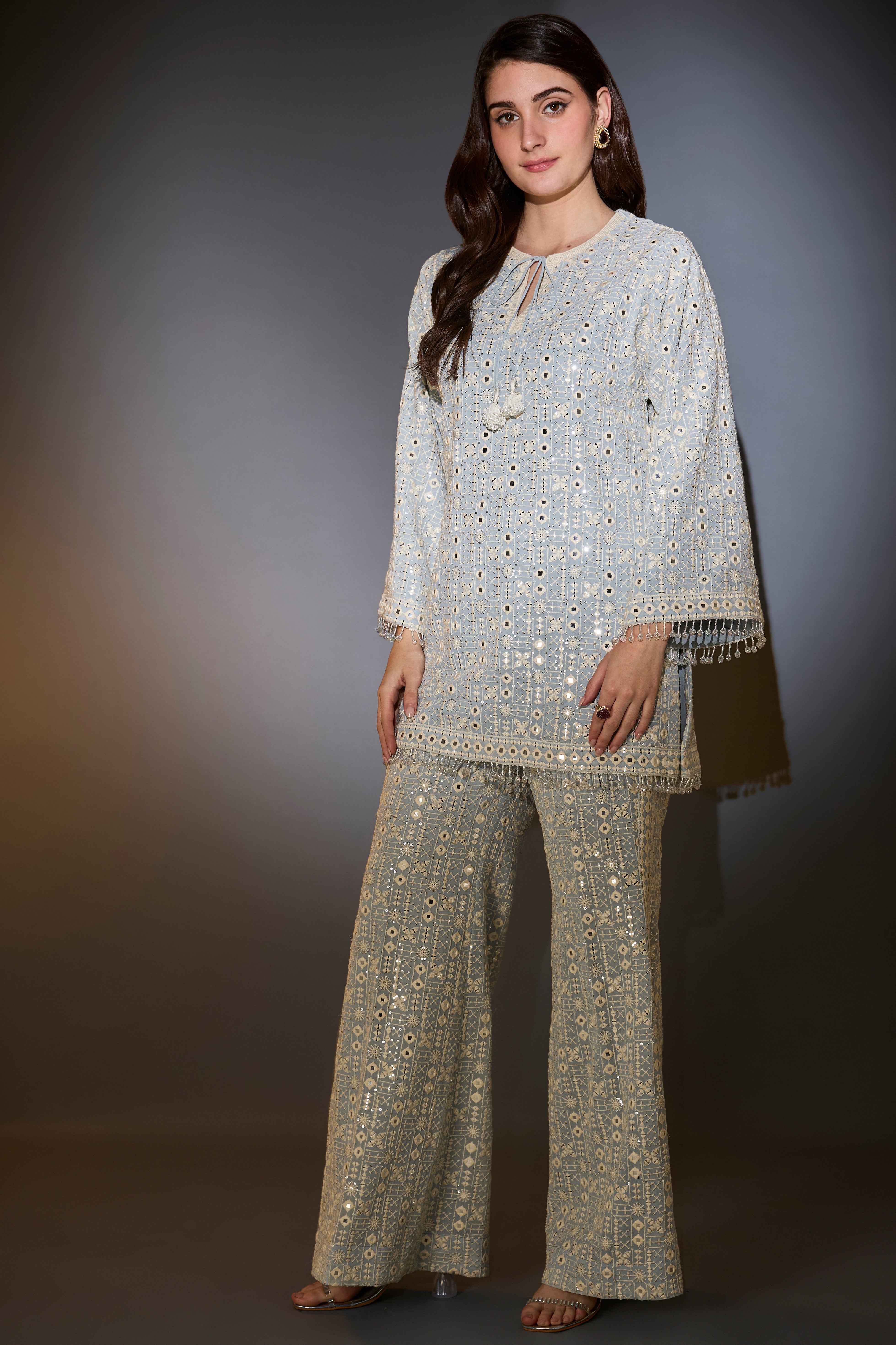 Elegant Powder Blue Co-Ord Set with Intricate Thread, Mirror & Sequin Embroidery - Embellished Tassels & Detailed Edging for Women | Perfect for Parties, Weddings & Special Occasions