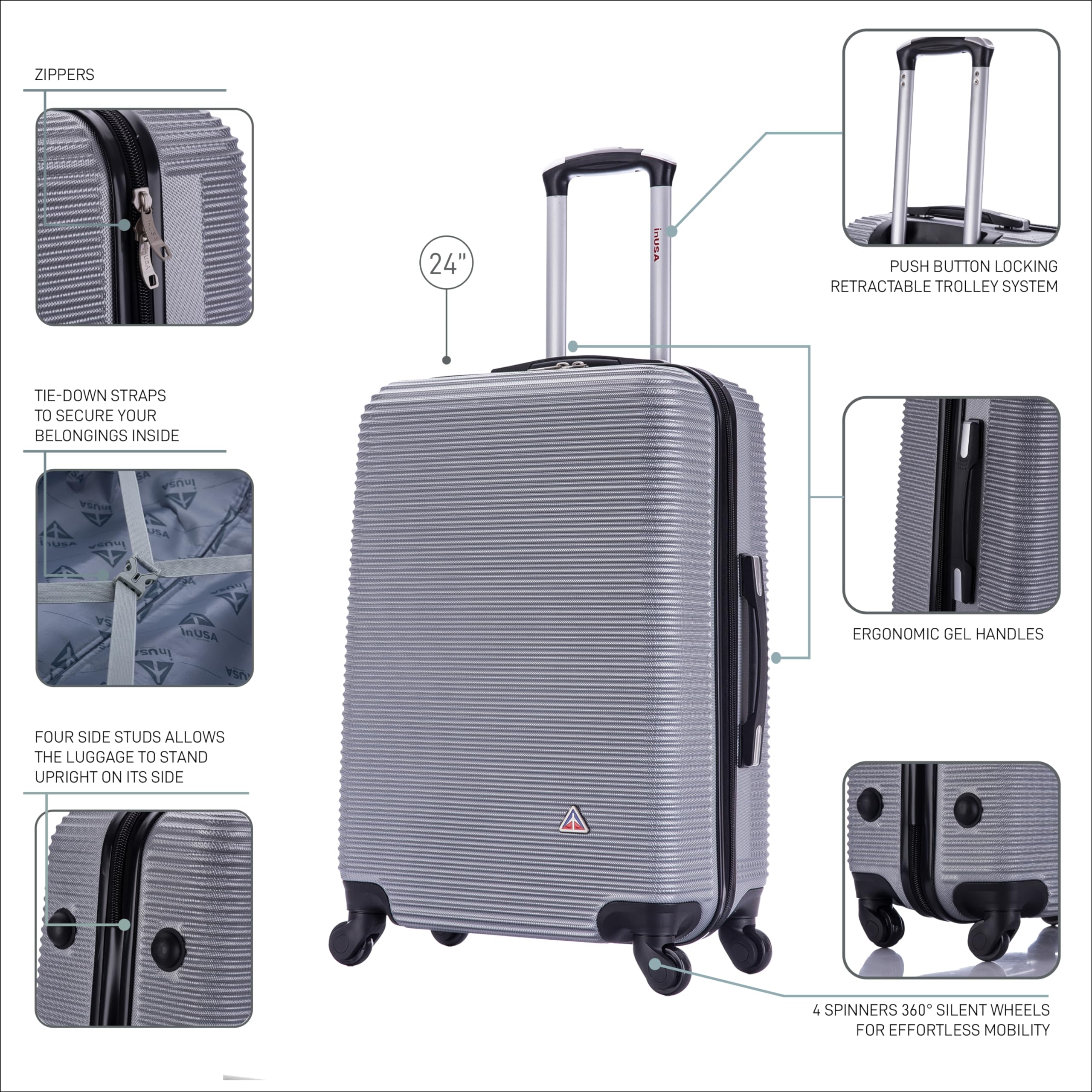 InUSA ROYAL 24 Inch Hardside Spinner Luggage - Medium Travel Suitcase with 4 Spinner Wheels, Ergonomic Handles & Studs | Durable Silver Carry-On for Business Trips, Vacations & Air Travel