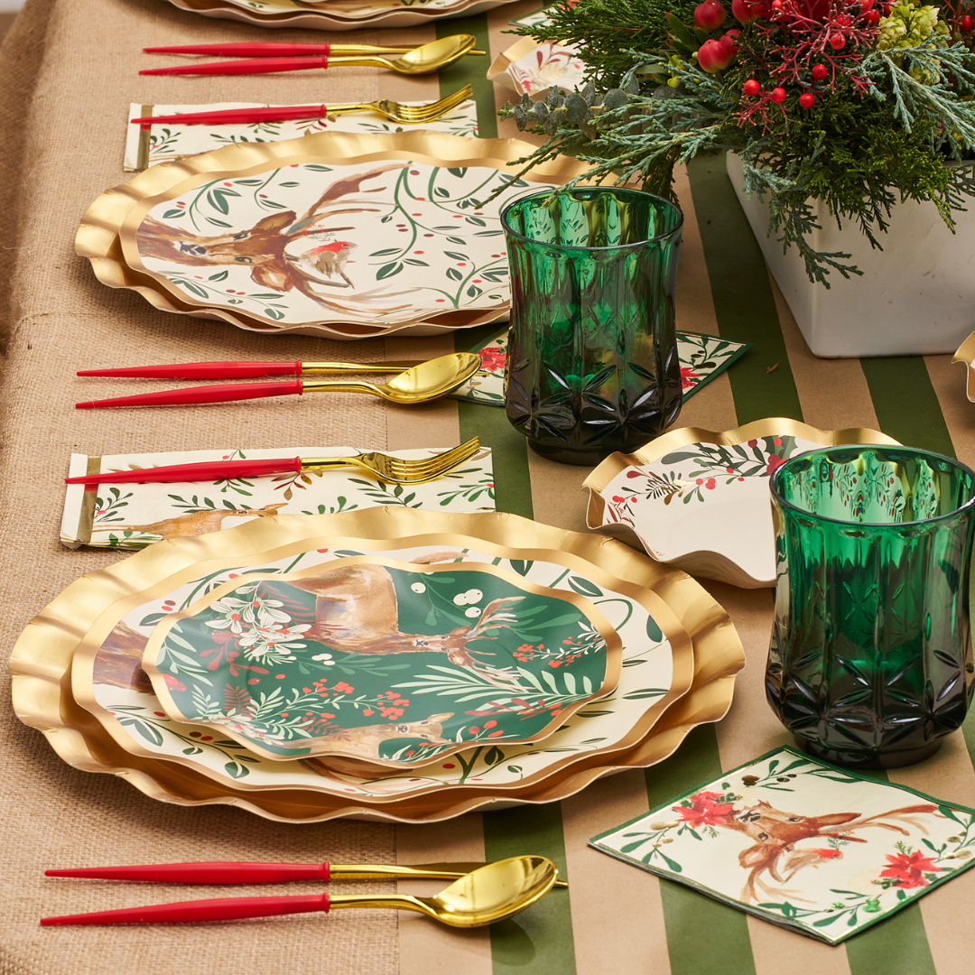 Eco-Friendly Christmas Forest Wavy Paper Salad Plates - 8 Pack | Disposable Party Dinnerware for Holiday Gatherings, Picnics & Events