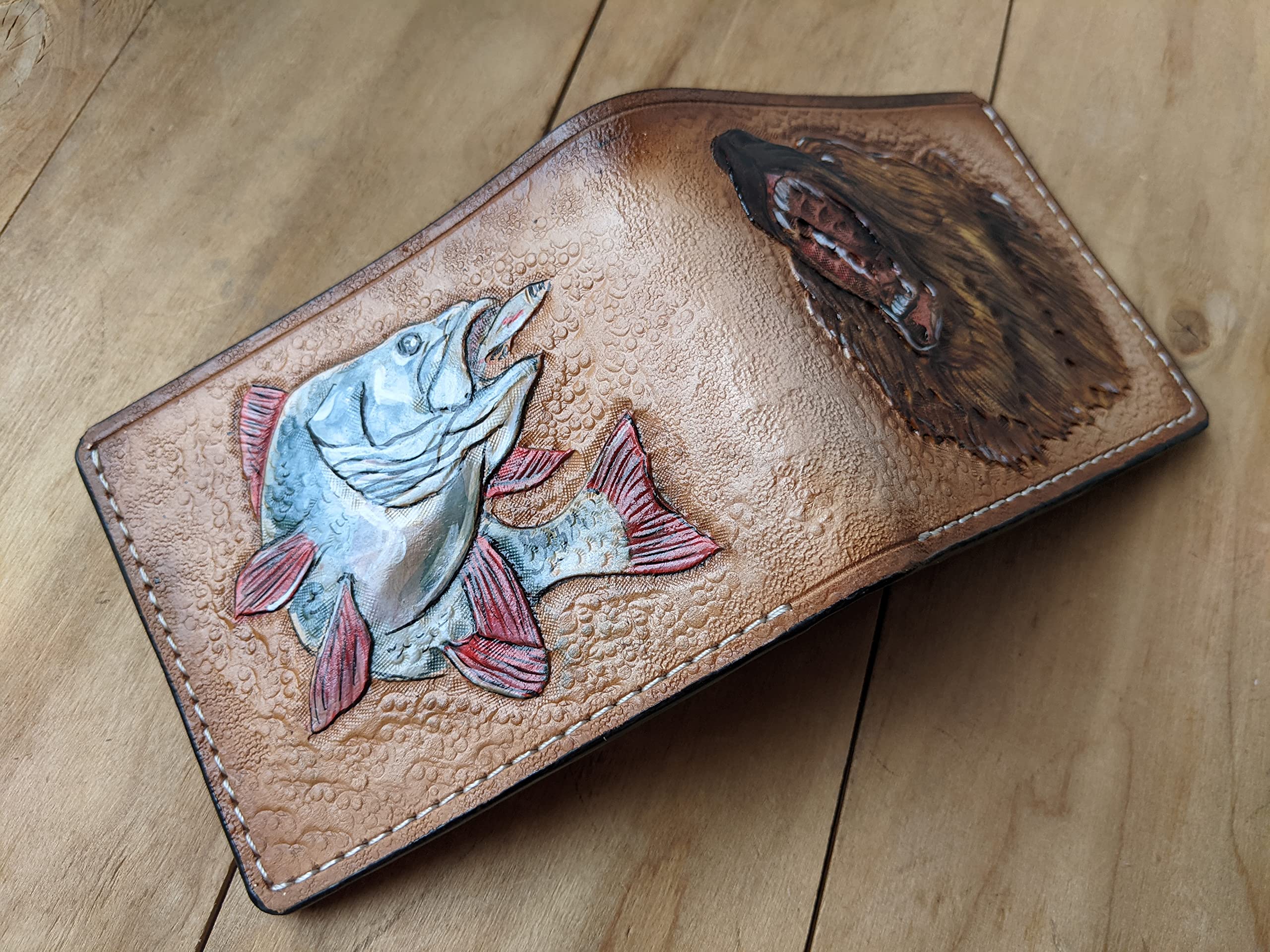Grizzly Bear Hunting & Fishing 3D Genuine Leather Wallet for Men - Handmade Carved Bifold Wallet with Airbrush Art - Custom Personalized Tooled Leather Wallet for Outdoor Enthusiasts & Gift Giving