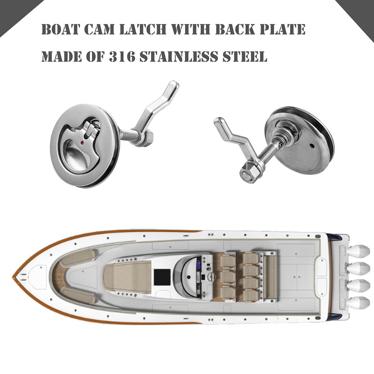 316 Stainless Steel Boat Cam Latch - Marine Hatch Latch with Adjustable Locking Arm & Back Plate - Flush Pull Hatch Lift for Sailboats, Yachts & Fishing Boats - Pack of 2