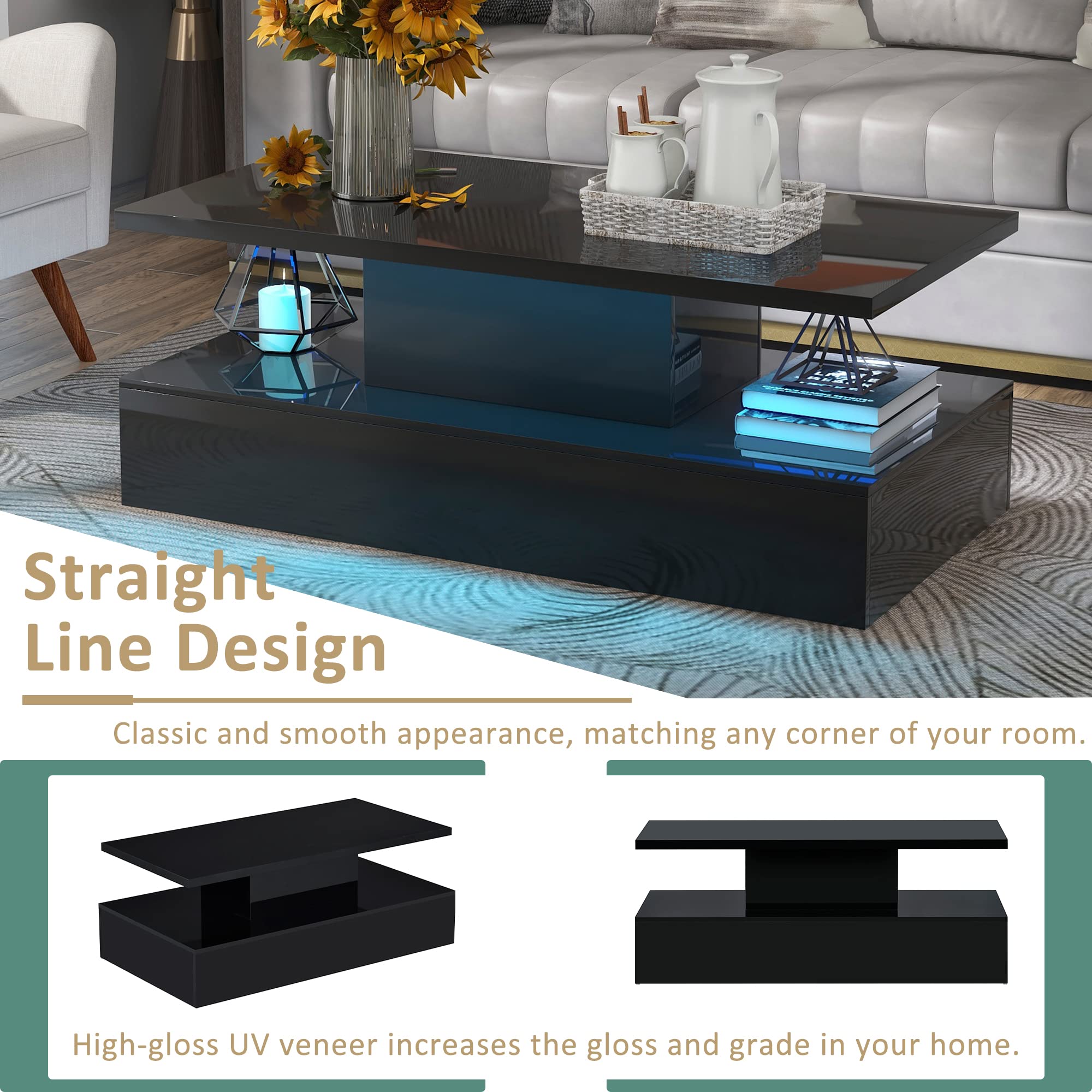 Modern LED Coffee Table - High Gloss Black Wood Cocktail Center Table with 16-Color RGB Lighting & Remote Control - Stylish Rectangle Living Room Furniture for Bedroom, Lounge & Entertainment Spaces