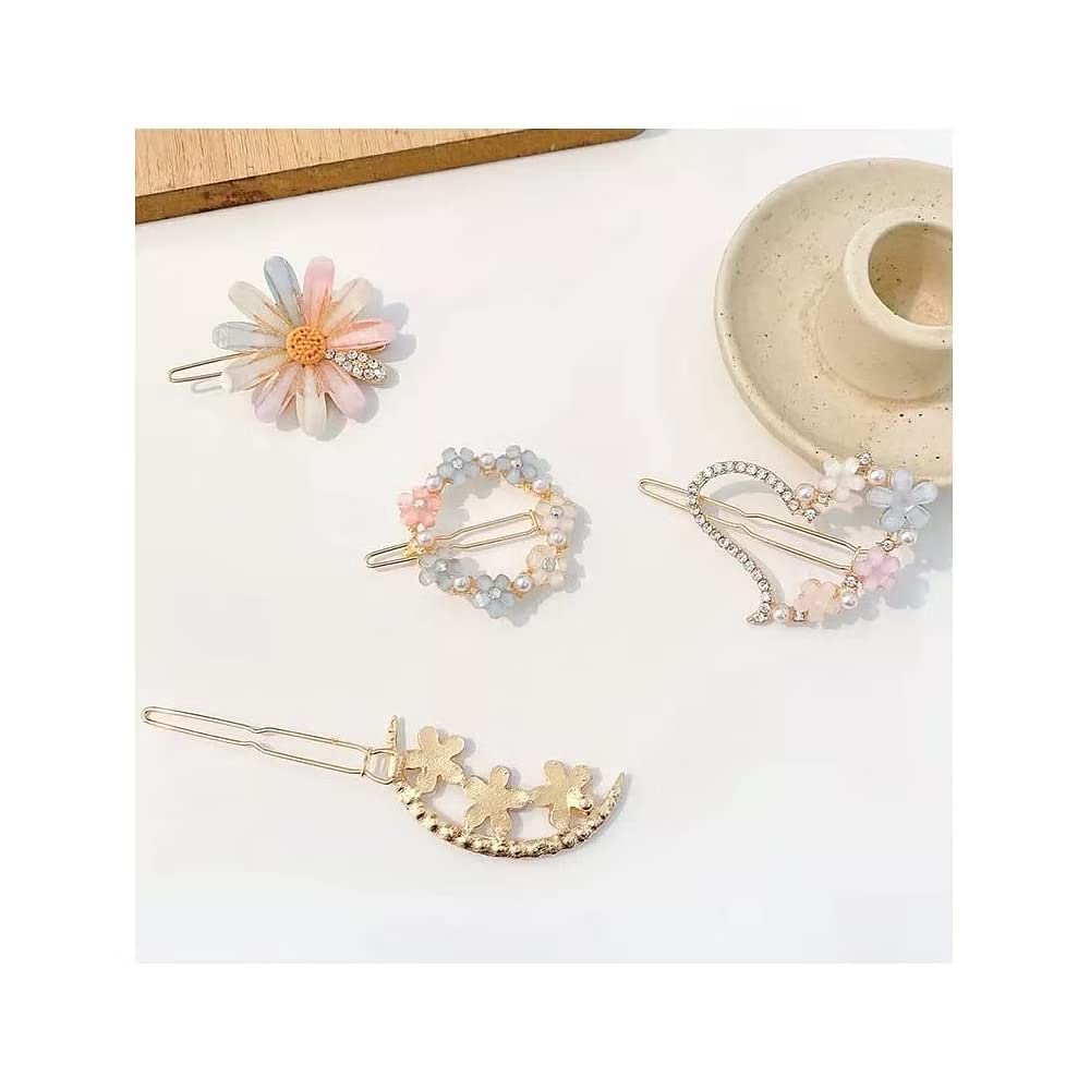 LOCANS Elegant Korean Hair Clips for Women & Girls - Rhinestone Bling Hair Accessories with Pearl Resin Acrylic Flower Design (Pack of 6) - Perfect for Parties, Weddings, and Daily Fashion Styling