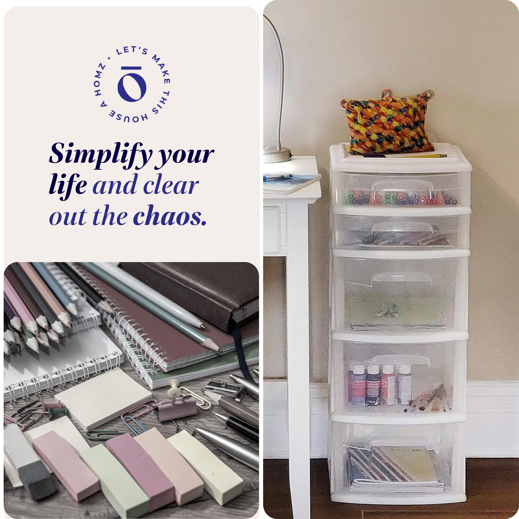 HOMZ 2-Pack 5-Tier Clear Plastic Storage Drawer Tower Organizer with White Frame - Perfect for Bedroom, Closet, Office & Craft Room Organization