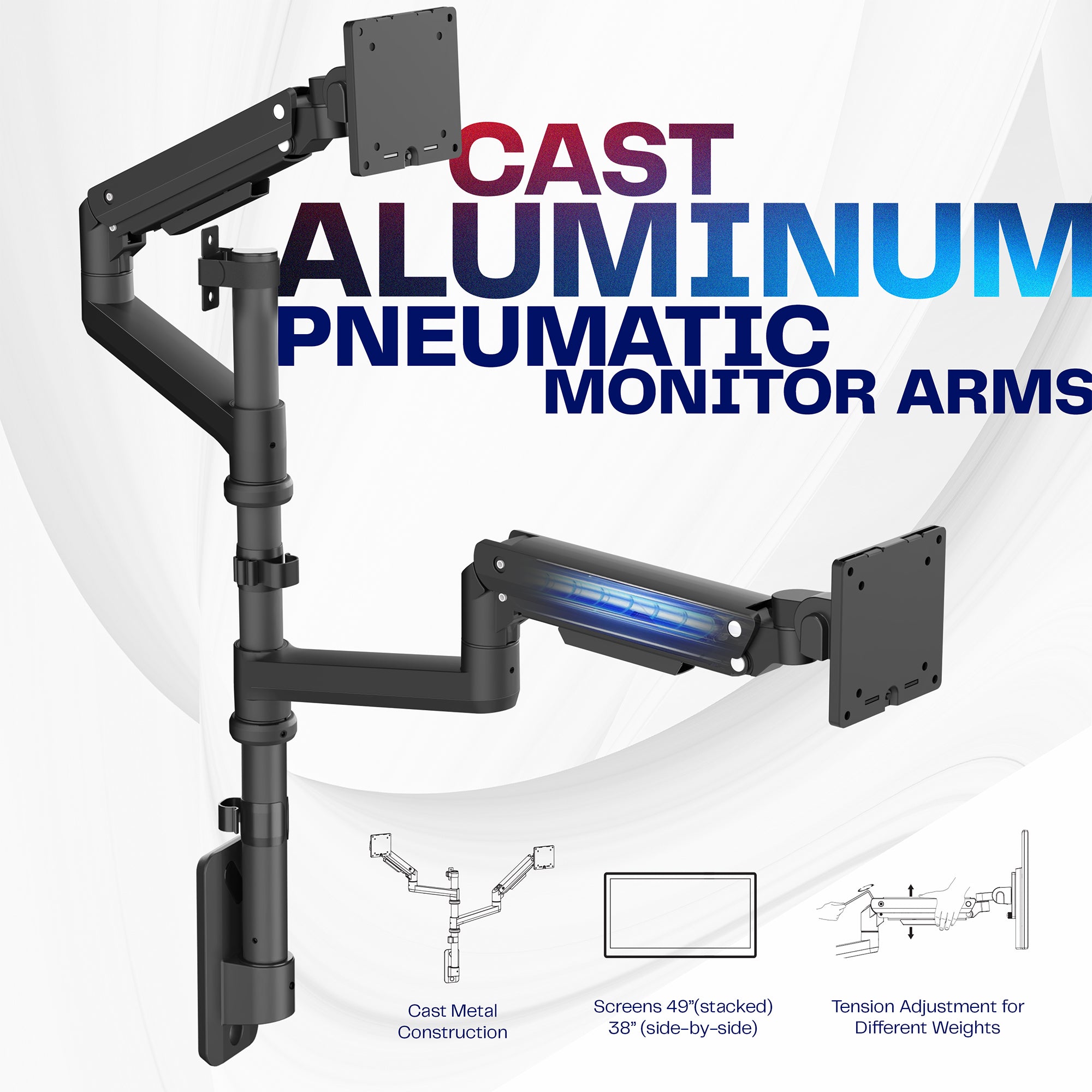 Dual Ultrawide Monitor Wall Mount - Adjustable Pneumatic Arm for 17-32 Inch Screens | Perfect for Home Office, Gaming & Workspace Setup