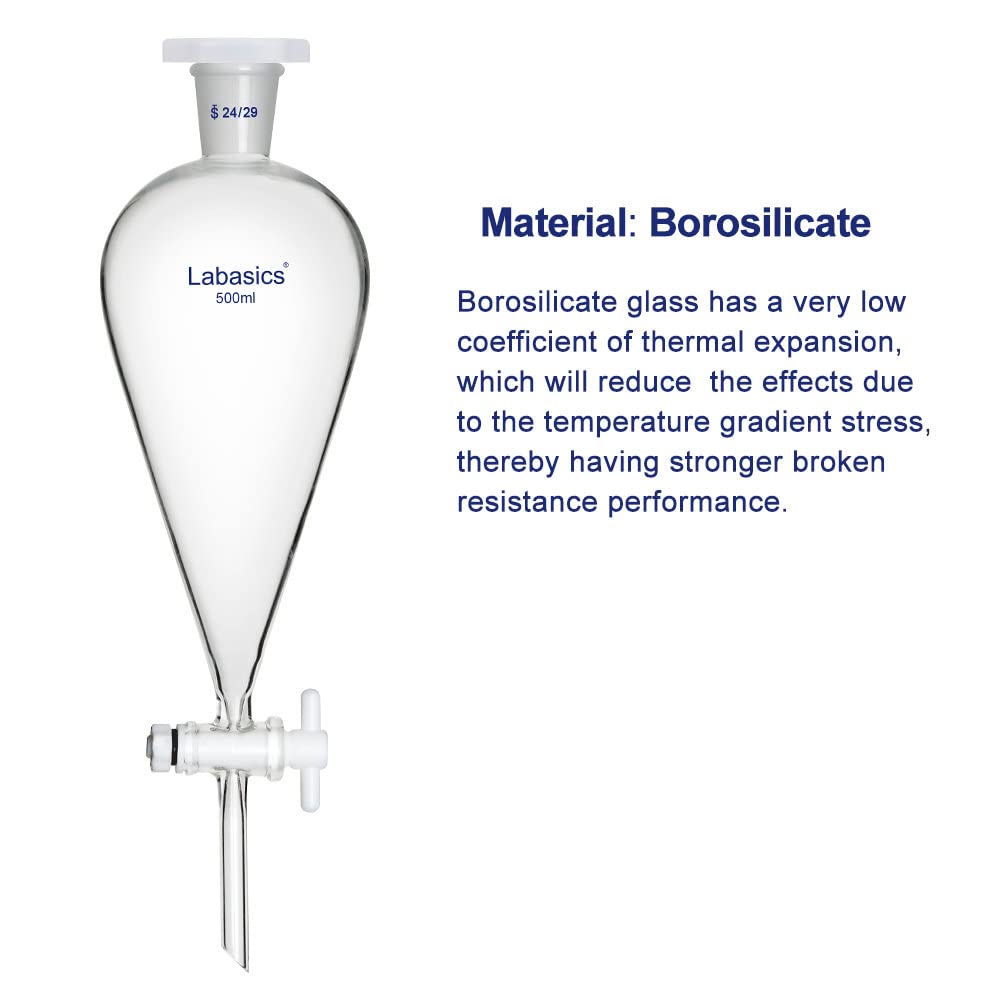 Labasics 500ml Heavy Wall Borosilicate Glass Conical Separatory Funnel with 24/29 Joints & PTFE Stopcock - Ideal for Chemistry Labs, Liquid Extraction, and Scientific Experiments