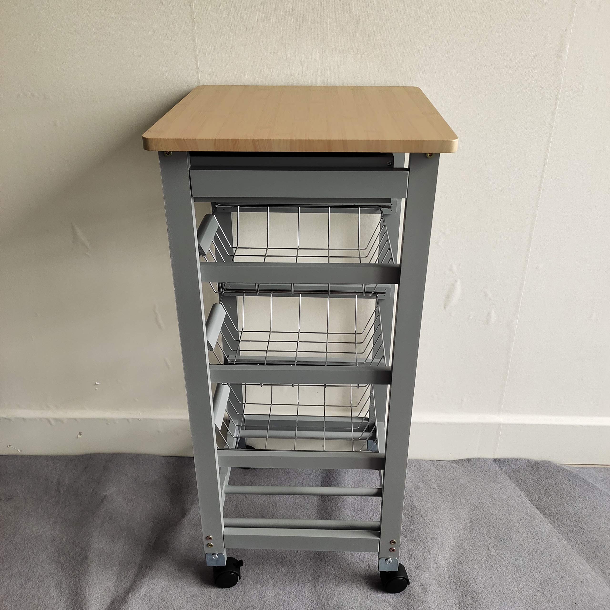 3-Tier White Wooden Kitchen Utility Cart with Wheels - Rolling Storage Organizer with 3 Baskets & Wine Rack - Mobile Storage Solution for Dining Room, Pantry or Living Room - Natural & Grey Finish