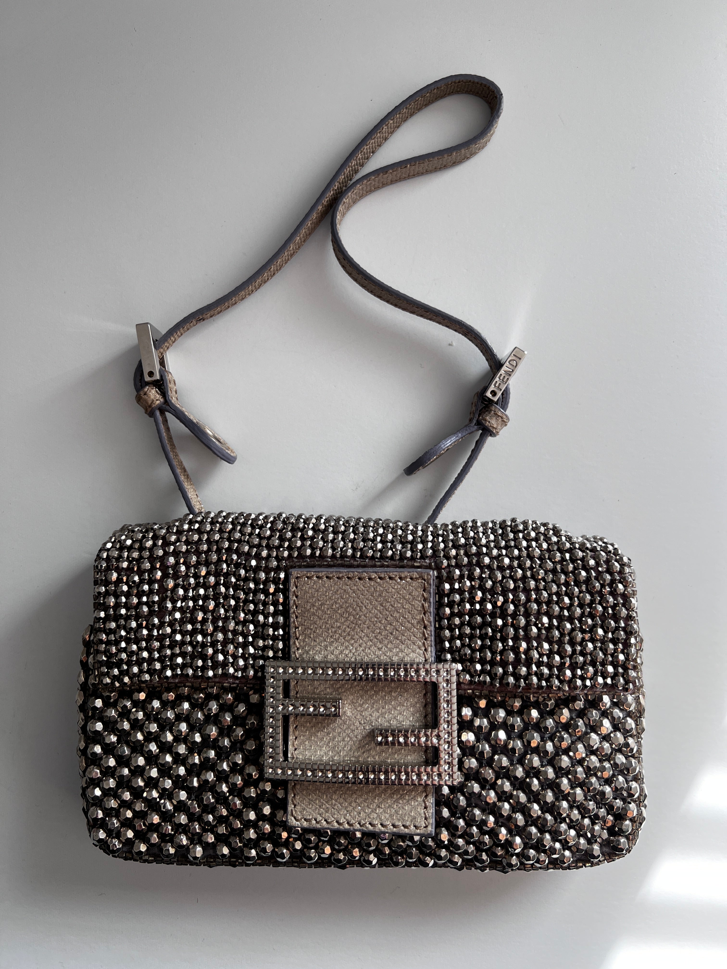 Fendi Silver Beaded Mini Baguette Bag - 3-Way Crossbody Shoulder Clutch Purse for Women | Perfect for Parties, Date Nights & Special Occasions