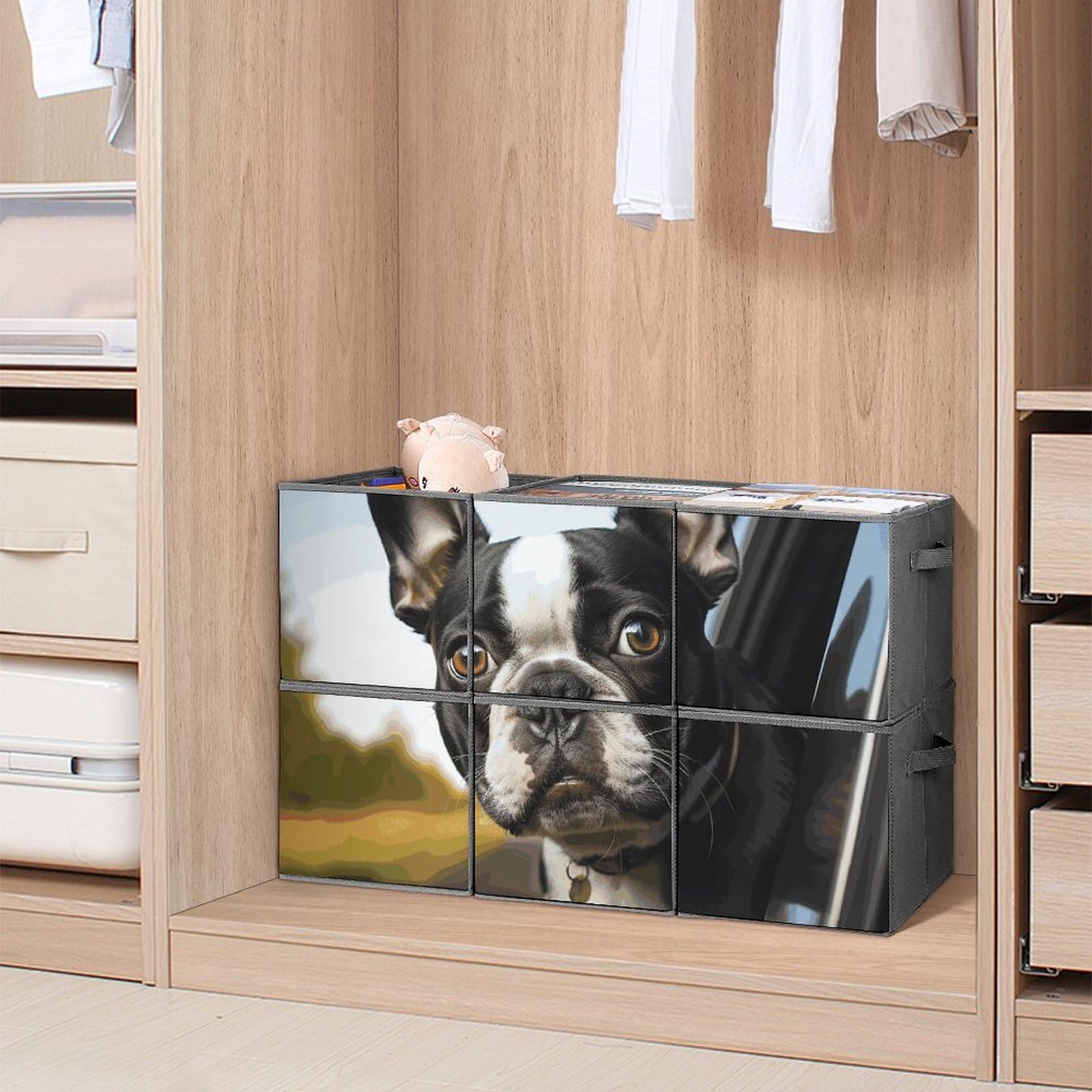 6-Pack 11 Inch Foldable Fabric Storage Baskets with Handles - Boston Terrier Printed Cube Organizer for Home, Wardrobe, Toys & Pet Supplies | Perfect for Kids' Rooms, Closet Organization & Dog Lovers' Decor