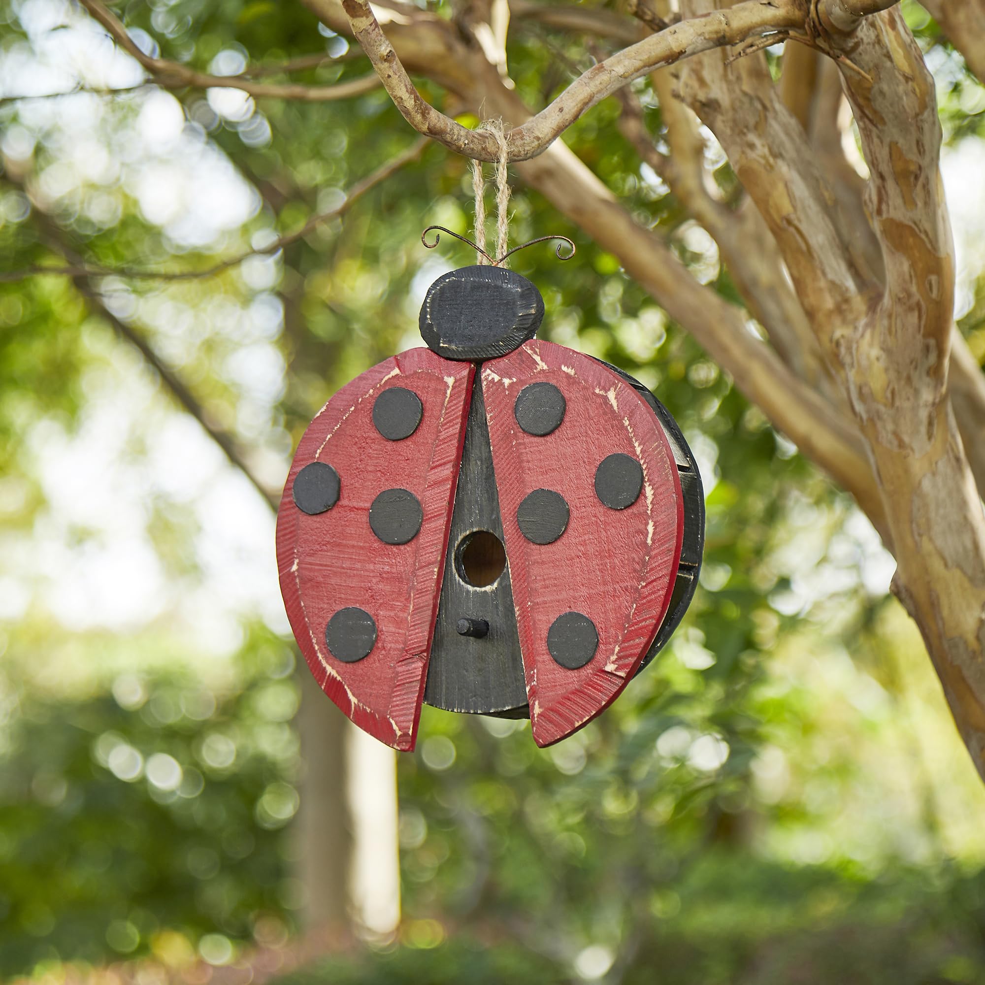 Glitzhome 11.5 Inch Distressed Solid Wood Ladybug Birdhouse - Handcrafted Outdoor Garden Decor for Birds - Perfect for Backyards, Patios & Nature Lovers