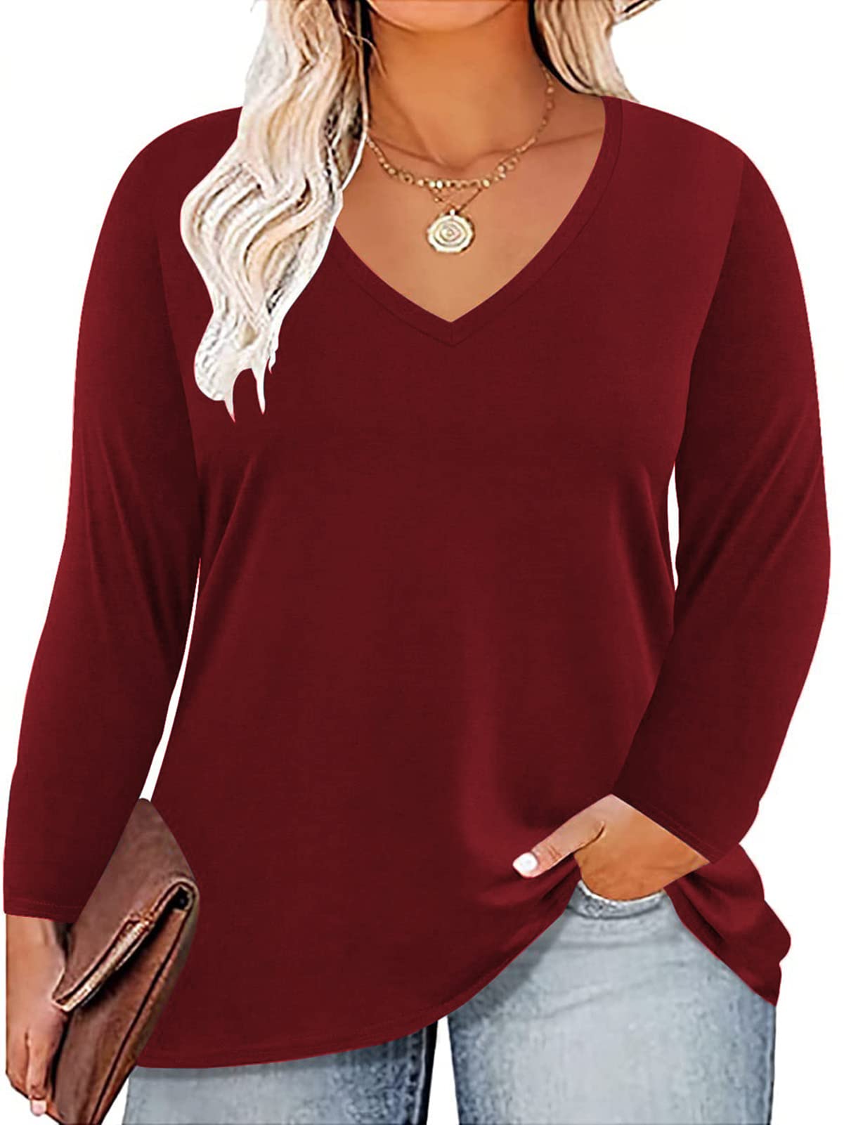 ROSRISS Women's Plus Size Long Sleeve V-Neck Tunic Tops - Solid Color Blouse & Casual T-Shirts for Work, Office & Everyday Wear