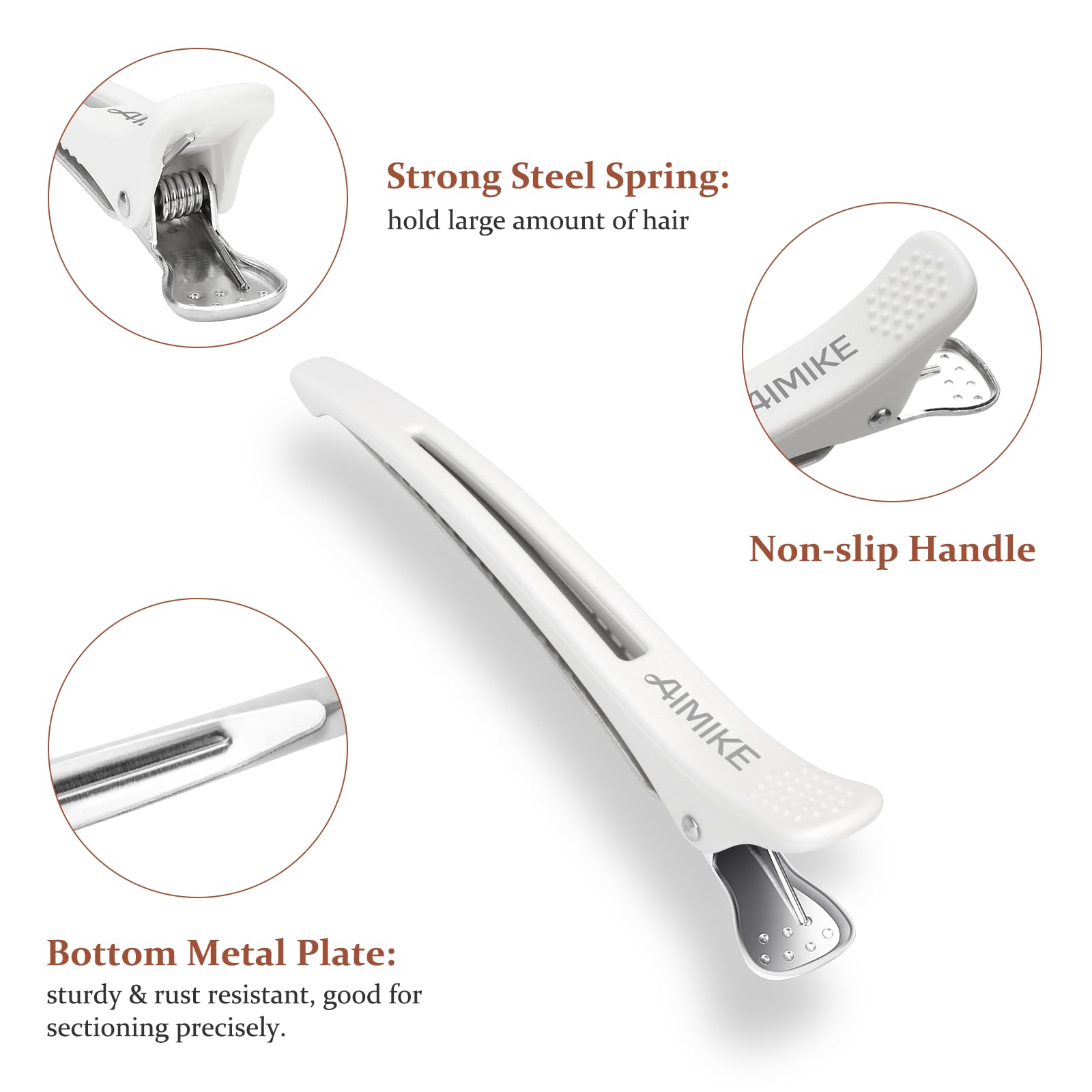 AIMIKE 6pcs Professional Hair Clips for Styling & Sectioning - Non-Slip No-Trace Duckbill Hair Clips with Silicone Band for Salon & Home Use - Great for Hairdressers, Women & Men (White, 4.3