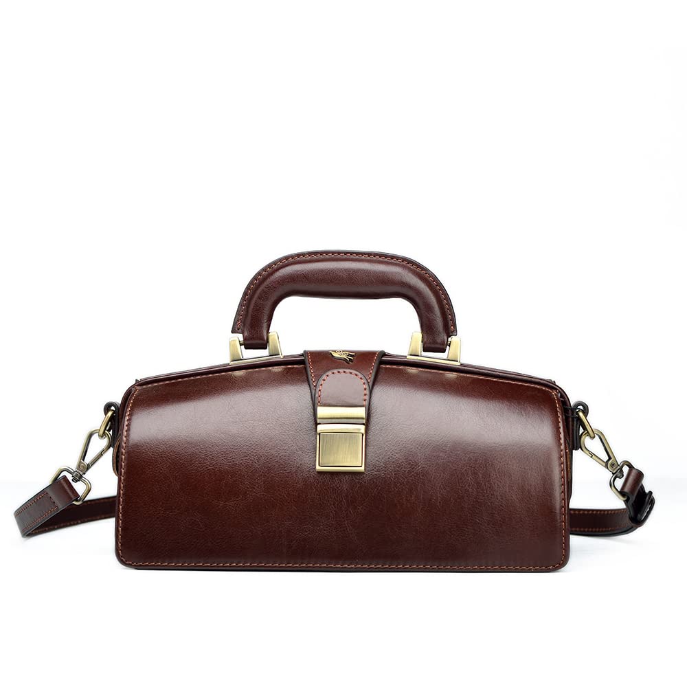 Genuine Leather Handbag for Women - Premium Cowhide Doctor Bag with Shoulder Strap & Buckle Closure - Stylish Brown Leather Purse for Work, Travel & Everyday Use