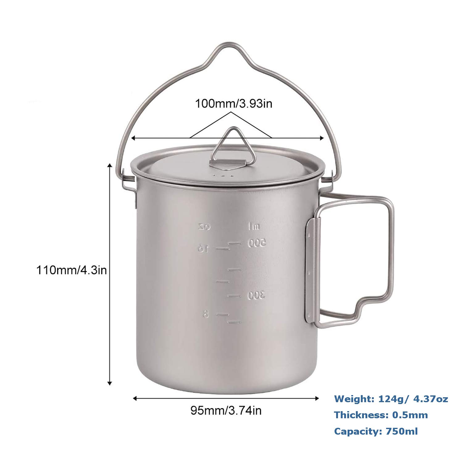 750ml Titanium Camping Pot with Lid & Foldable Handle - Ultralight Backpacking Cookware, Coffee Mug & Cooking Pot for Hiking, Camping & Outdoor Adventures
