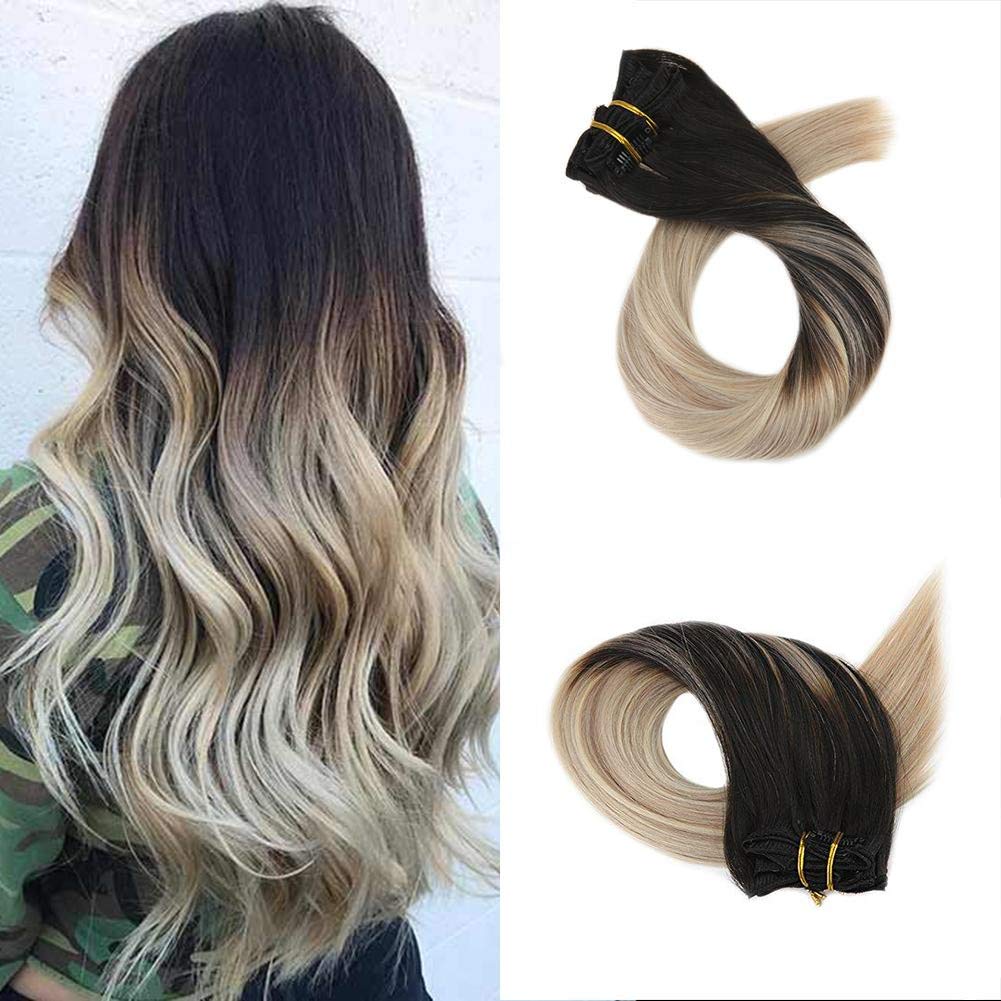 Clip In Human Hair Extensions 7PCS 120G - Ombre Balayage #1B Black to #18/#60 Blonde | Real Silky Straight Remy Hair Wefts for Women | Perfect for Daily Wear, Parties & Special Occasions