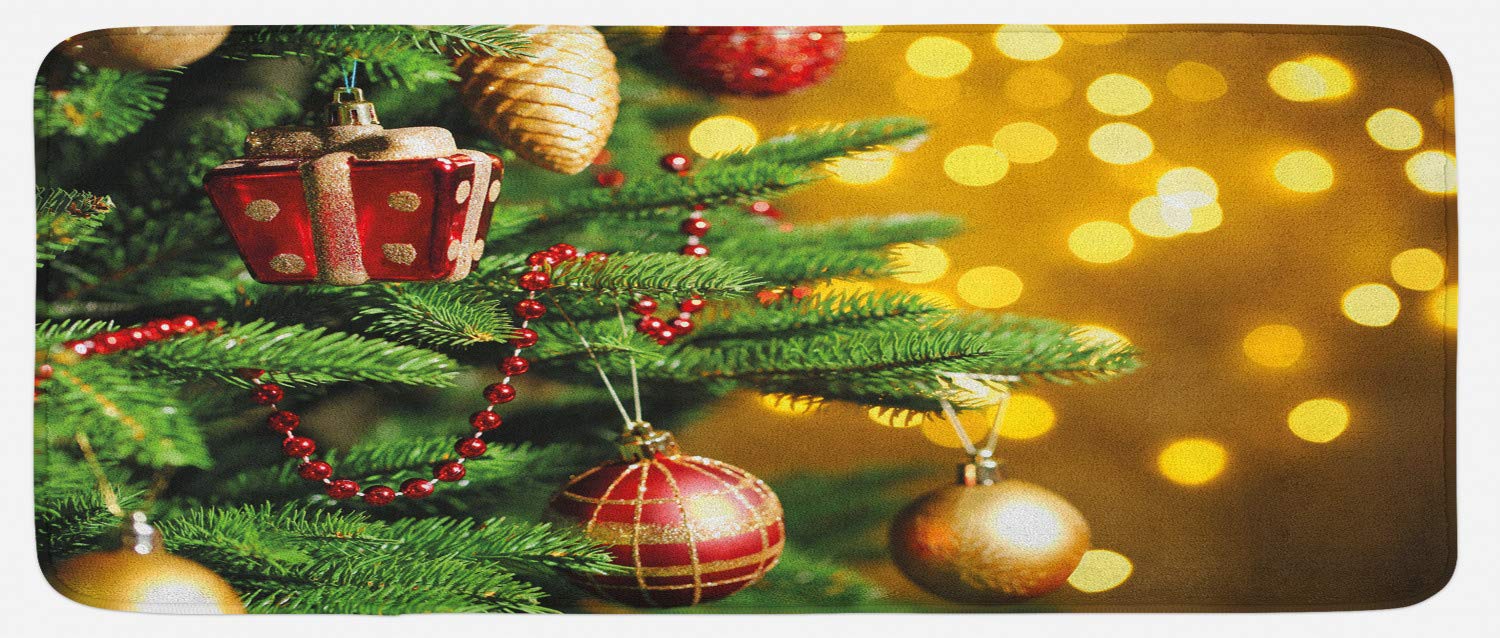 Ambesonne Christmas Kitchen Mat - Non-Slip Plush Holiday Rug with Christmas Tree Branches Design, 47x19 Inches, Amber Green & Red - Perfect for Festive Kitchen Decor & Holiday Home Accents