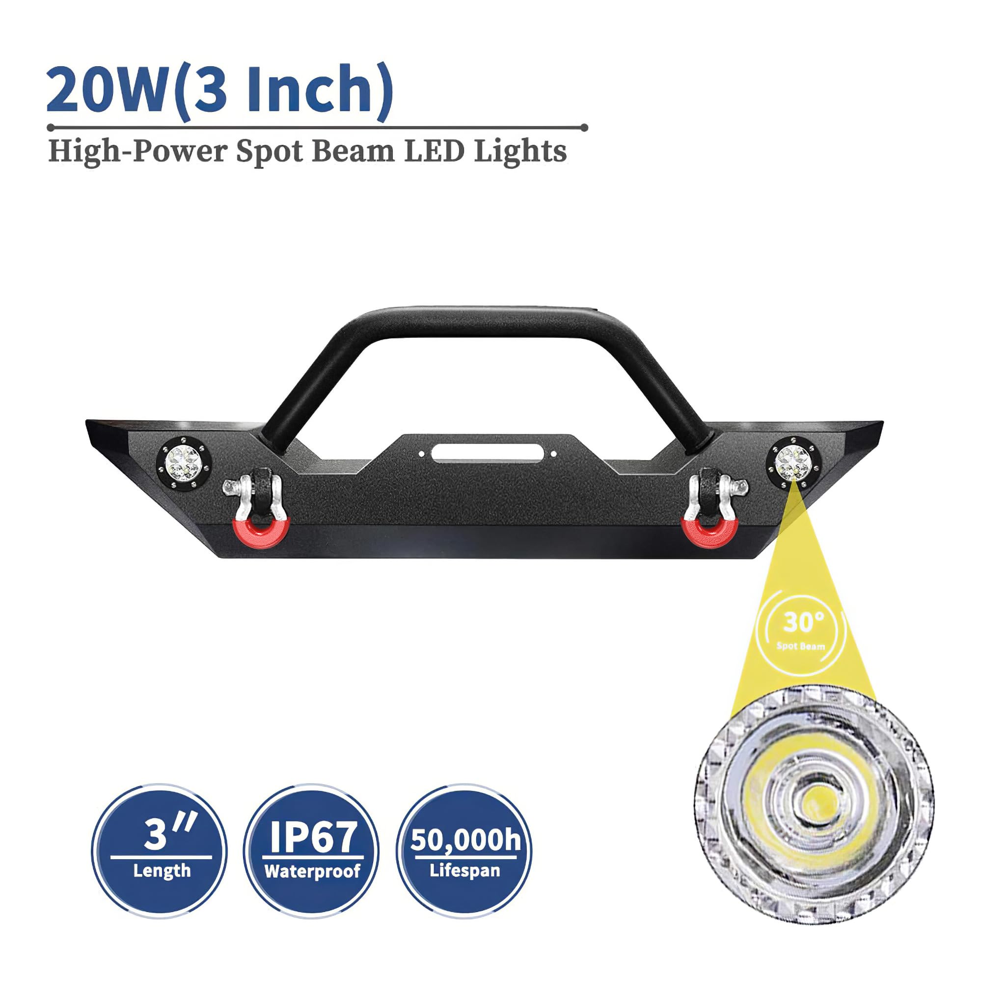 LEDKINGDOMUS Heavy Duty Rock Crawler Front Bumper with Winch Plate & LED Lights for 87-06 Jeep Wrangler YJ TJ - Textured Black | Off-Road Adventure & Trail Riding Accessory