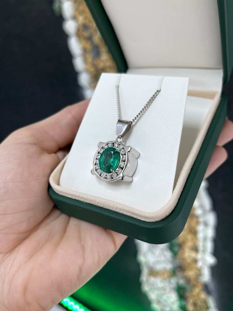 5.36tcw Men's 14K Gold Oval Cut Emerald & Diamond Halo Pendant - Luxurious Green Gemstone Jewelry for Gifts, Weddings & Special Occasions
