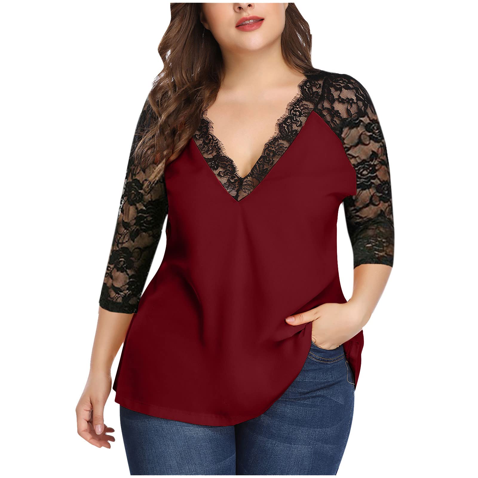 FAVIPT Plus Size Lace Tops for Women - Elegant Deep V Neck Short Sleeve Blouse, Solid Color Casual Patchwork Tunic, Soft Comfortable T-Shirt | Perfect for Office Wear, Date Night & Summer Outfits
