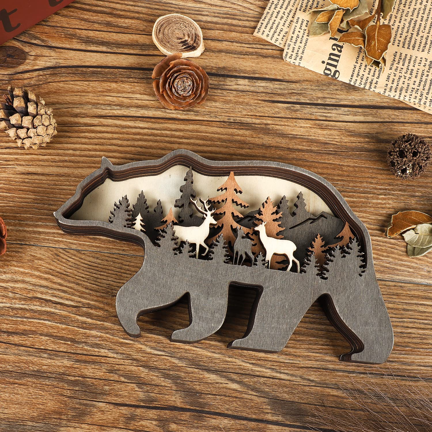 Rustic Wooden Bear Wall Decor - Handcrafted Cabin & Mountain Themed Animal Decorations for Bedroom, Living Room, Table - Perfect for Log Cabin, Hunting Lodge & Nature-Inspired Home Décor