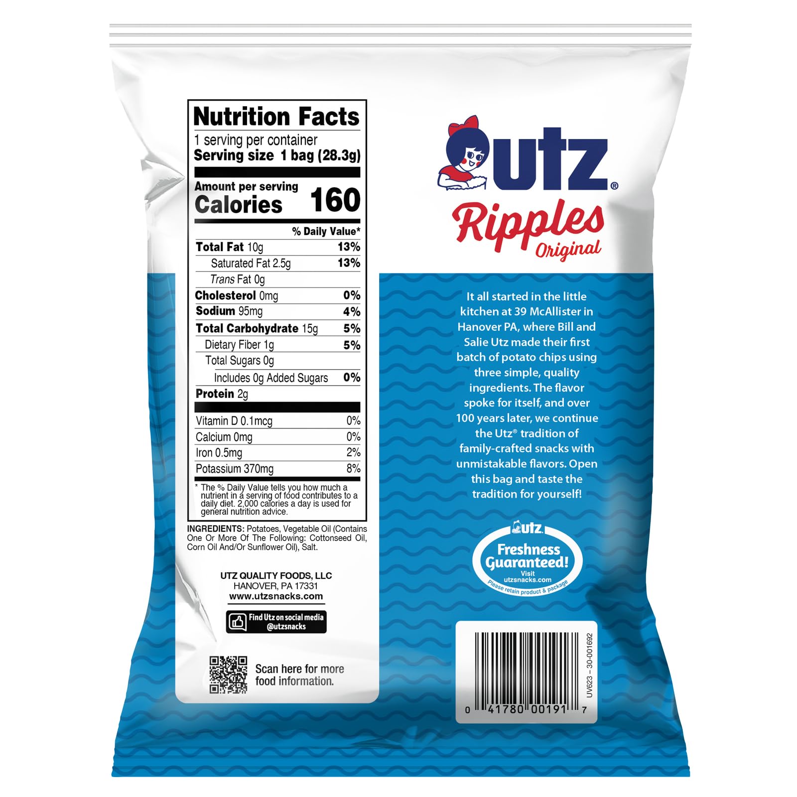 Utz Ripples Original Crispy Potato Chips - 42 Count (Pack of 1) | Gluten Free, Crunchy Snacks for On-the-Go | Perfect for Lunchboxes, Office Snacks & Road Trips
