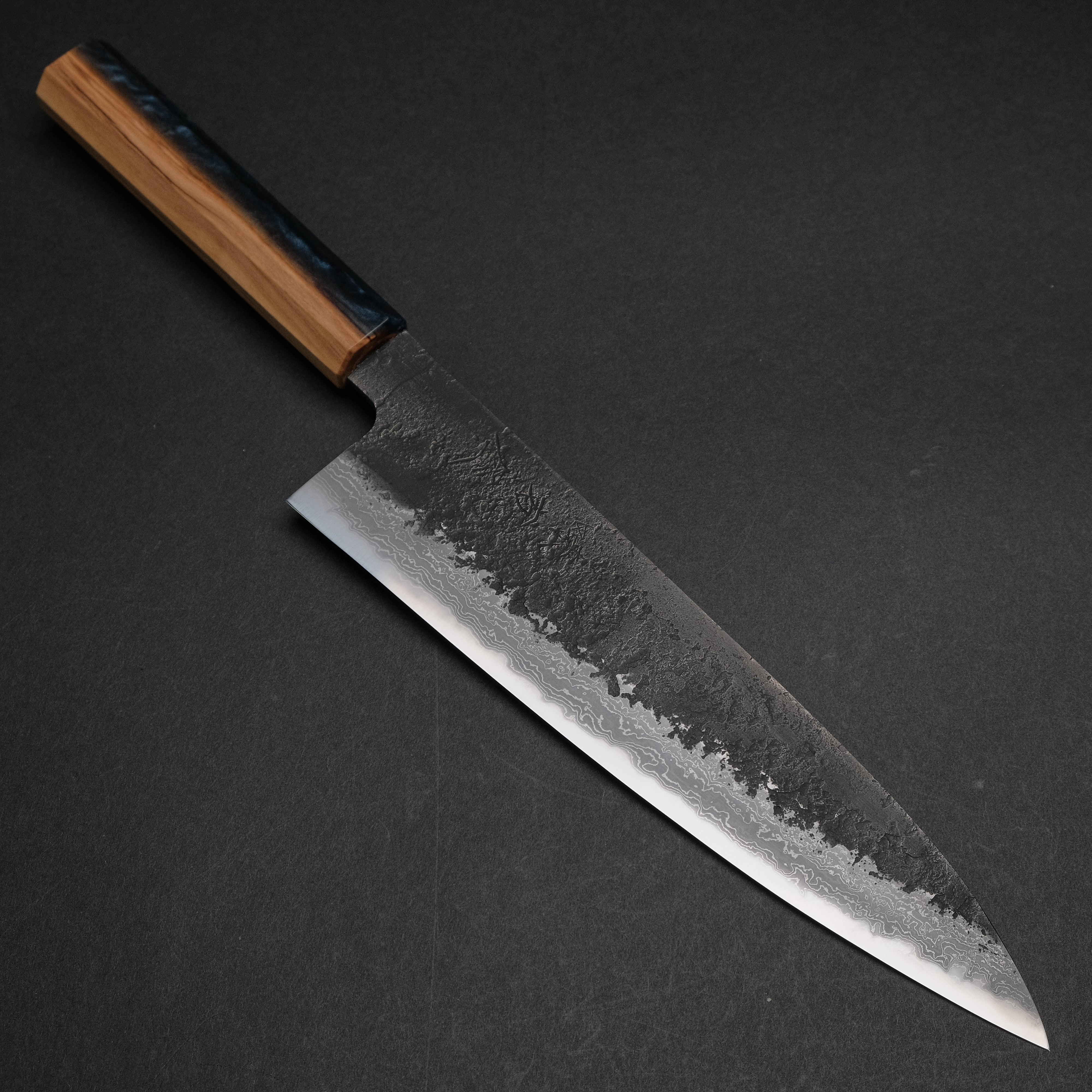 Premium Ajikataya White #2 Nashiji Damascus Gyuto 210mm Chef Knife - Olive Wood & Resin Handle (#46) - Perfect for Sushi, Meat Slicing & Professional Kitchen Use