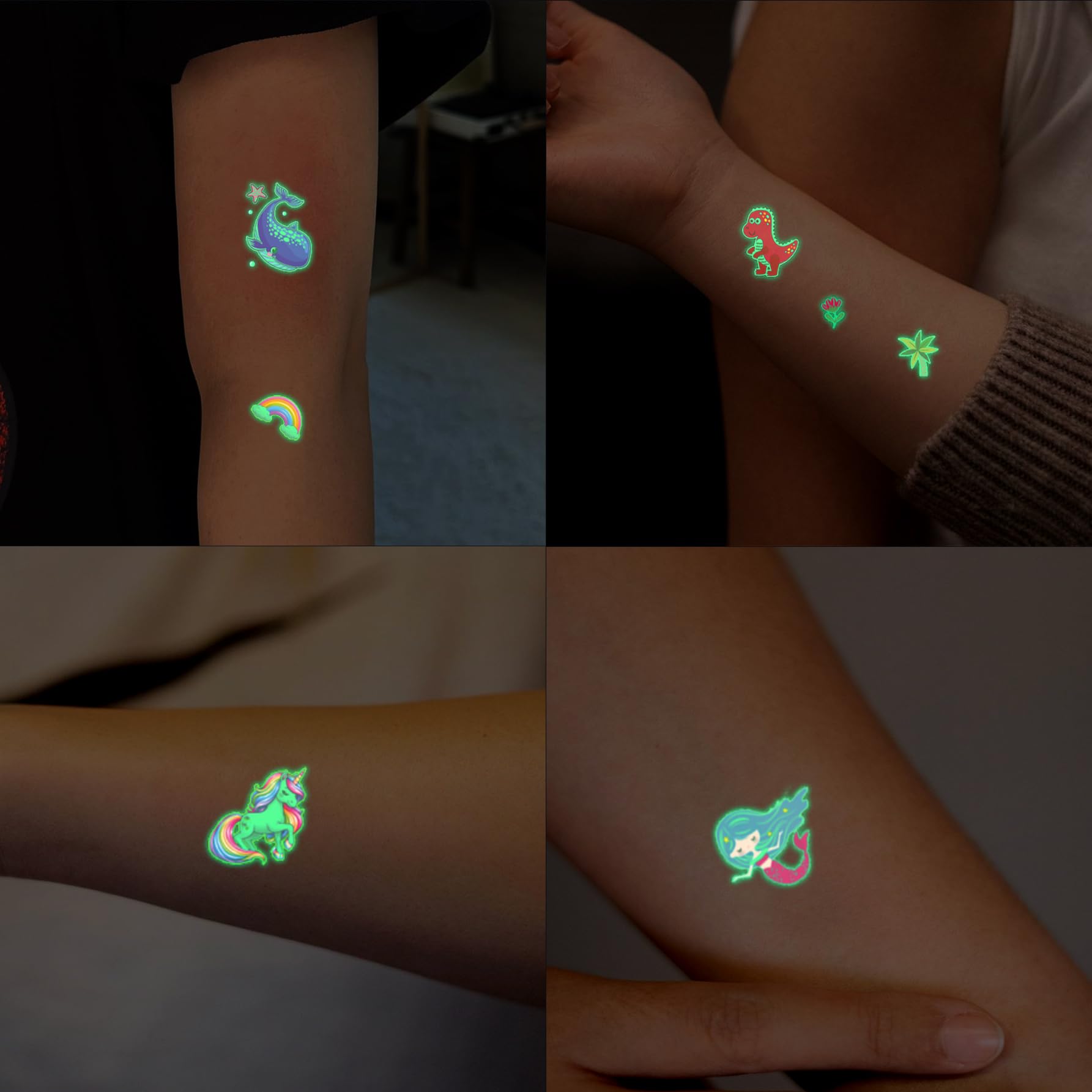 Glow in the Dark Temporary Tattoos for Kids - 400 Pcs Mixed Designs (Animals, Dinosaurs, Mermaids, Unicorns, Space, Butterflies, Sharks) - Fun Party Supplies for Boys & Girls - Perfect for Birthday Parties, Halloween Costumes & Summer Camp Activities