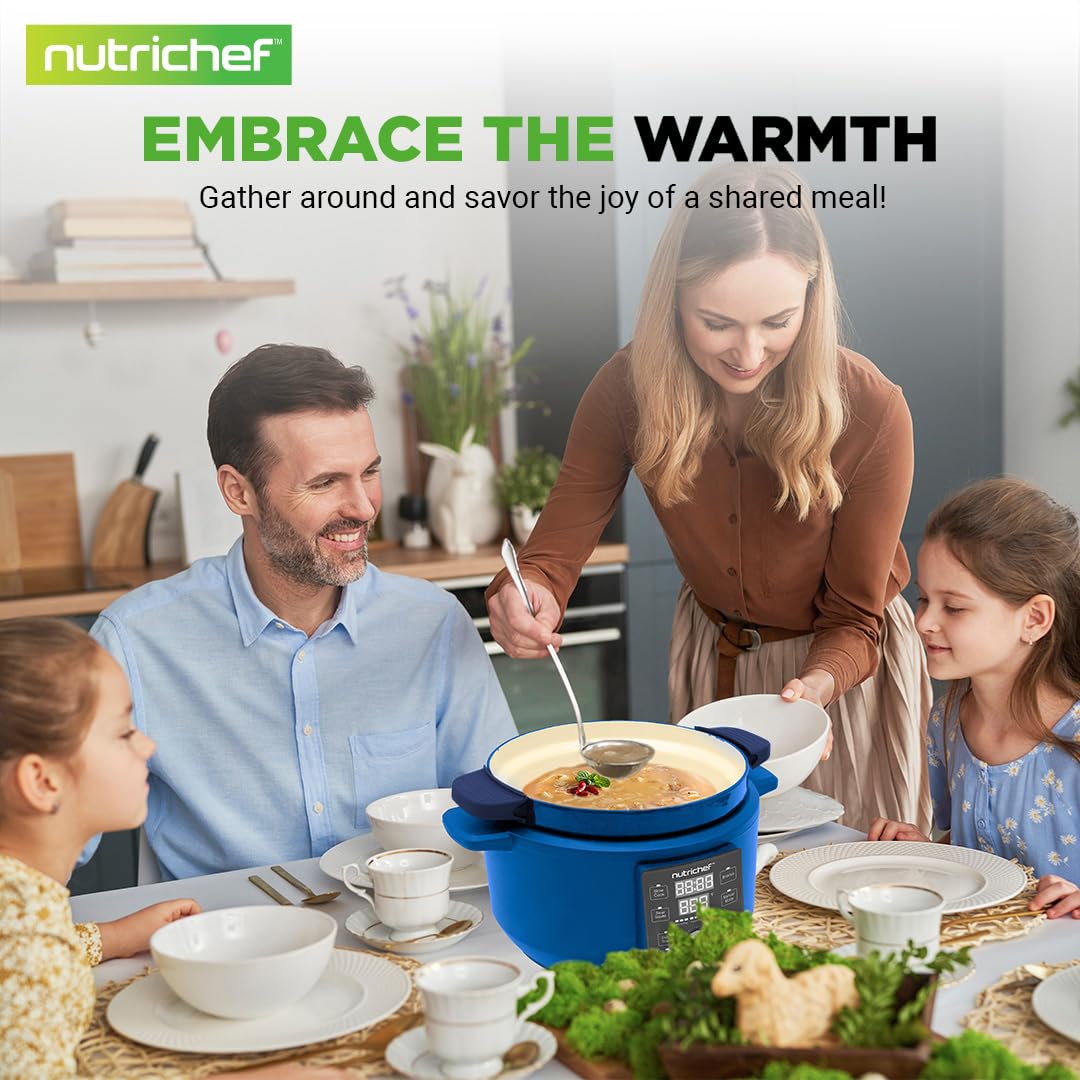 6 Quart Electric Dutch Oven - 1500W 5-in-1 Enamel Coated Cast Iron Pot with Stainless Steel Lid | Precise Temperature Control for Slow Cooking, Braising & Baking | Includes 2 Silicone Pot Holders & Heat Resistant Pad | Perfect for Soups, Stews & Family Meals (Blue)