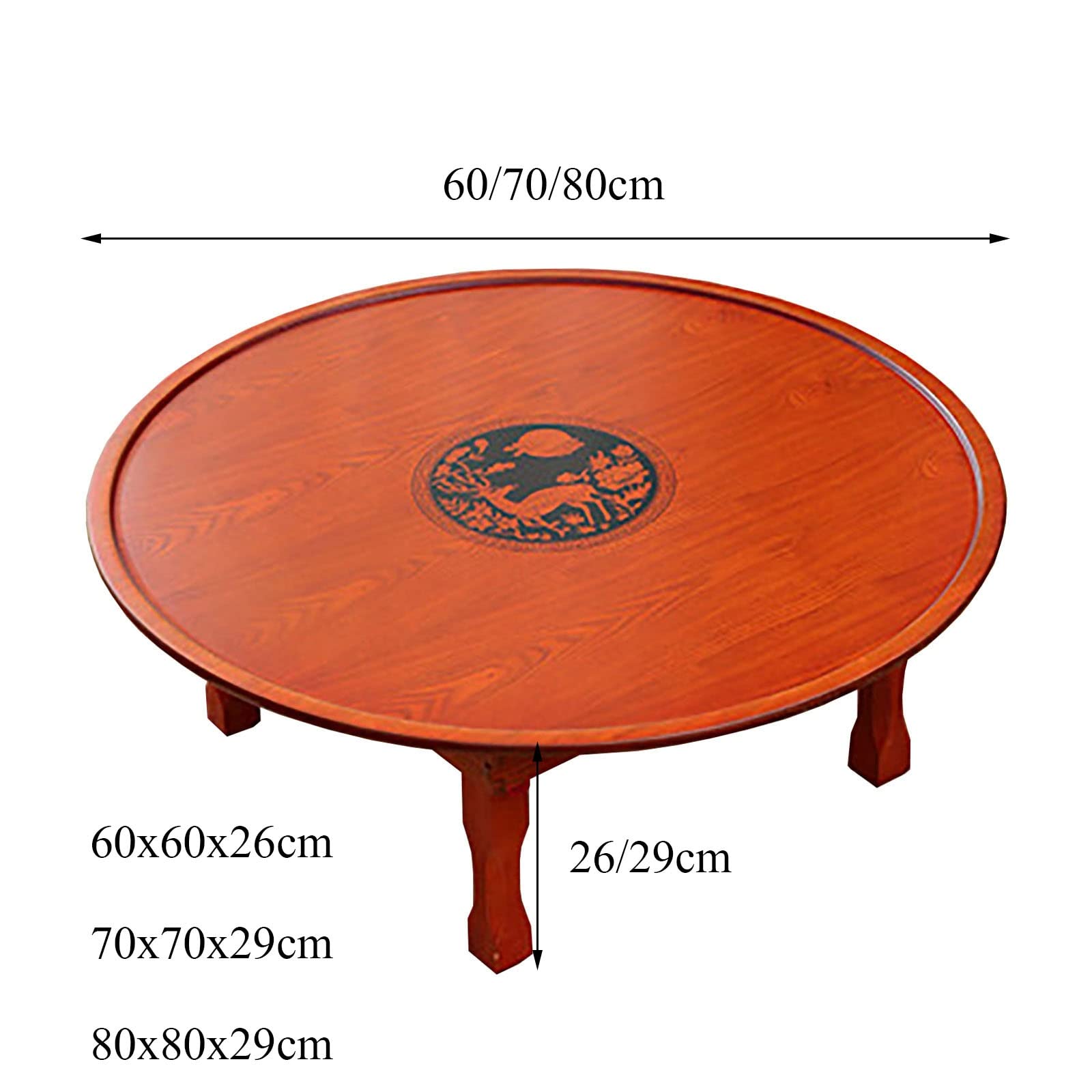 Foldable Round Wooden Table - Korean Style Printed Dining, Coffee, Study & Low Table for Tatami, Bay Window & Tea House (60cm) - Perfect for Small Spaces, Asian Decor & Zen Living Rooms