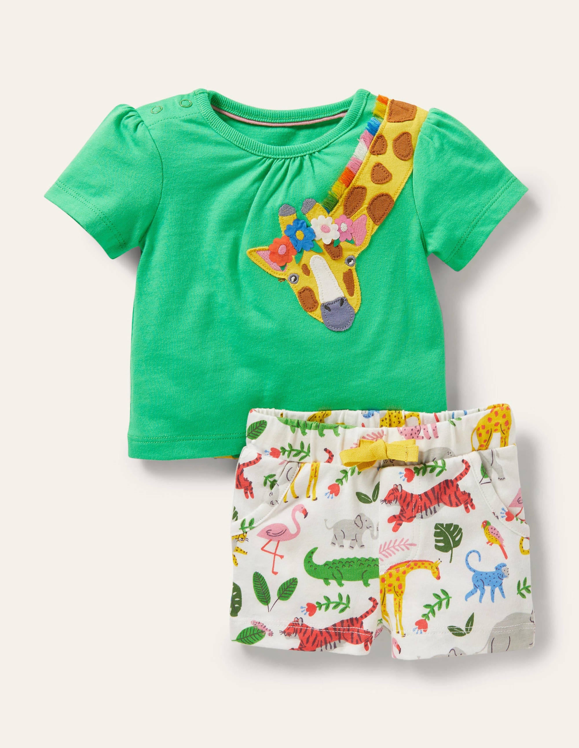 Green Giraffe Appliqué Shorts Playset for Toddlers - Cute Animal Print Outfit for Playtime & Photo Shoots
