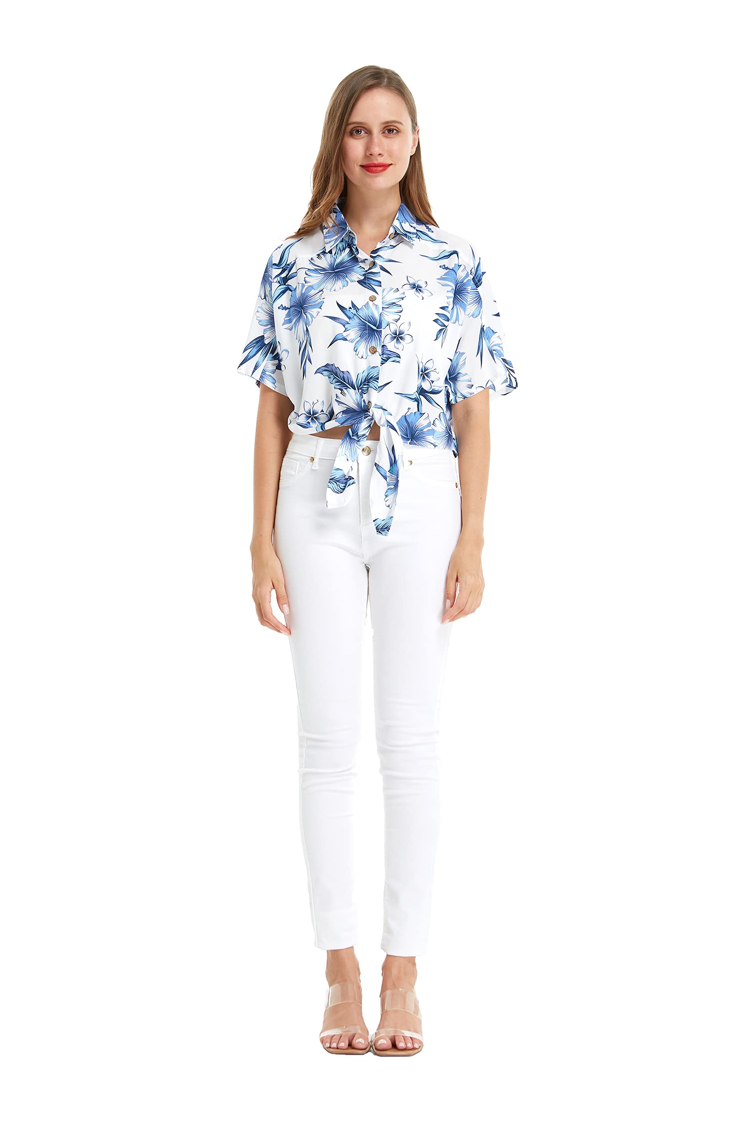 Women's Hawaiian Floral Tie Front Crop Top Aloha Shirt - Hibiscus Print Summer Beach Vacation Outfit for Women