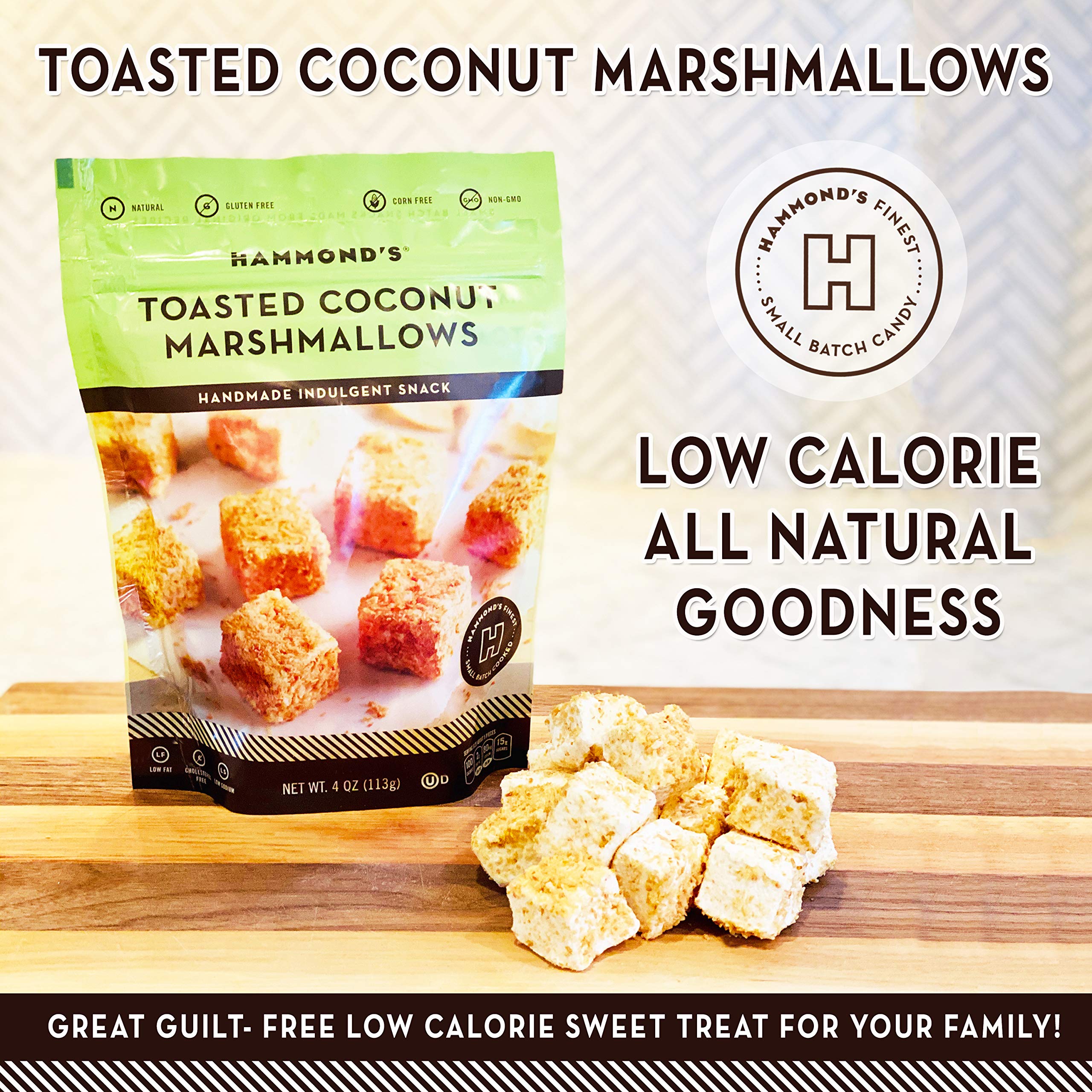 Hammond’s Candies Gourmet Toasted Coconut Marshmallows - Gluten Free, Kosher, Handcrafted in USA - 2 Pack for Snacking, Hot Chocolate, S'mores & Baking - Perfect for Camping, Parties & Desserts