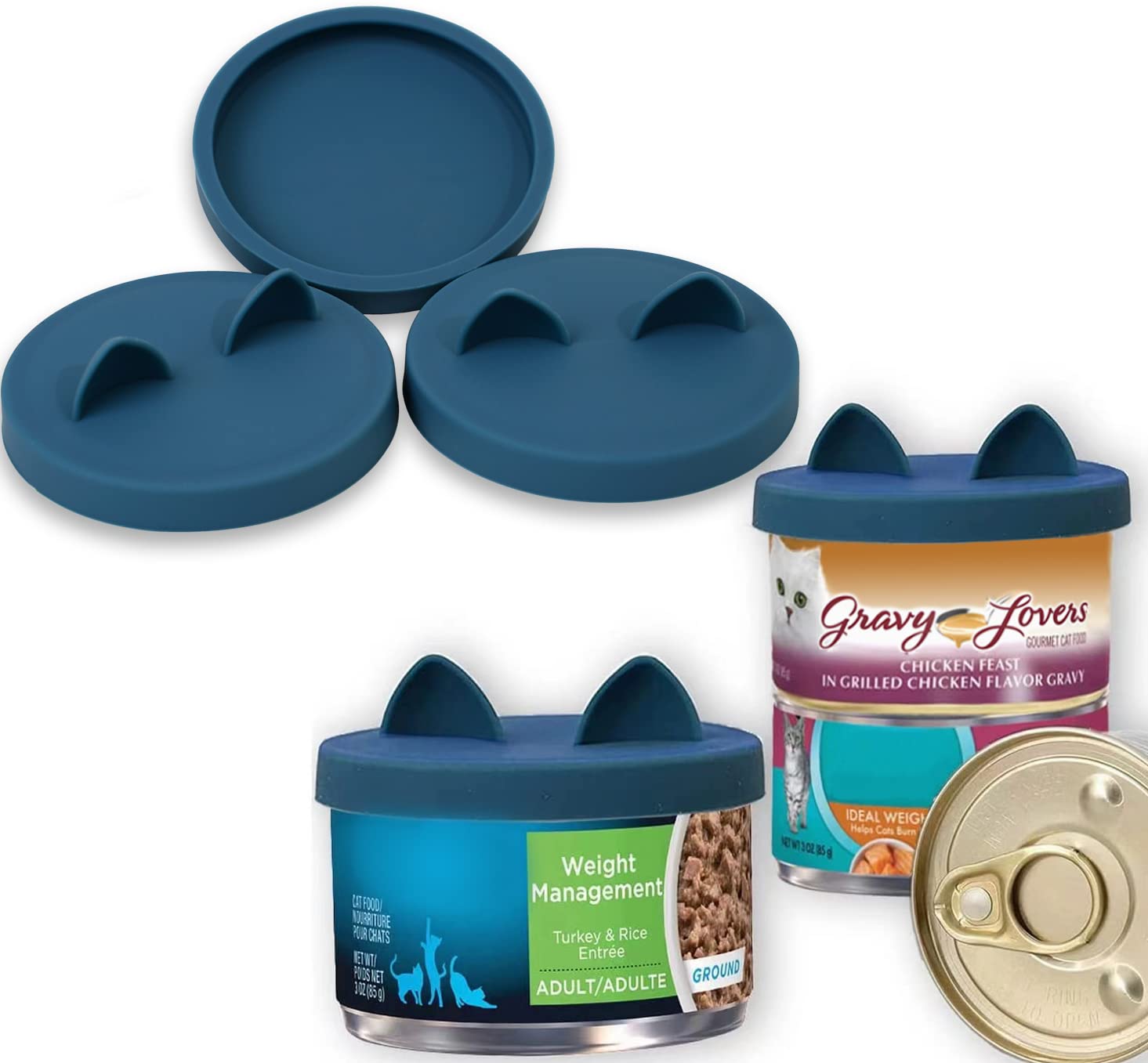 OHMO 3 Pack Small Cat Food Can Lids - Silicone Pet Food Can Covers for 3 oz & 2.5 oz Cans (Dark Blue) | Airtight Freshness Seal for Wet Cat Food Storage | Perfect for Travel, Camping & Daily Pet Feeding