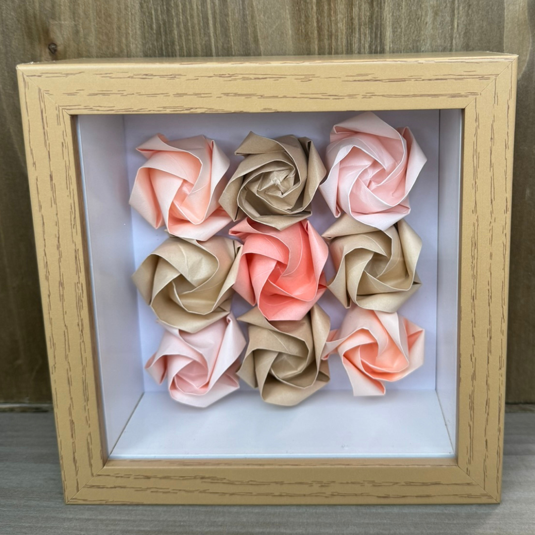 Elegant Tan and Pink Roses Shadowbox - Neutral Frame Wall Art for Home Decor, Living Room, Bedroom, and Office