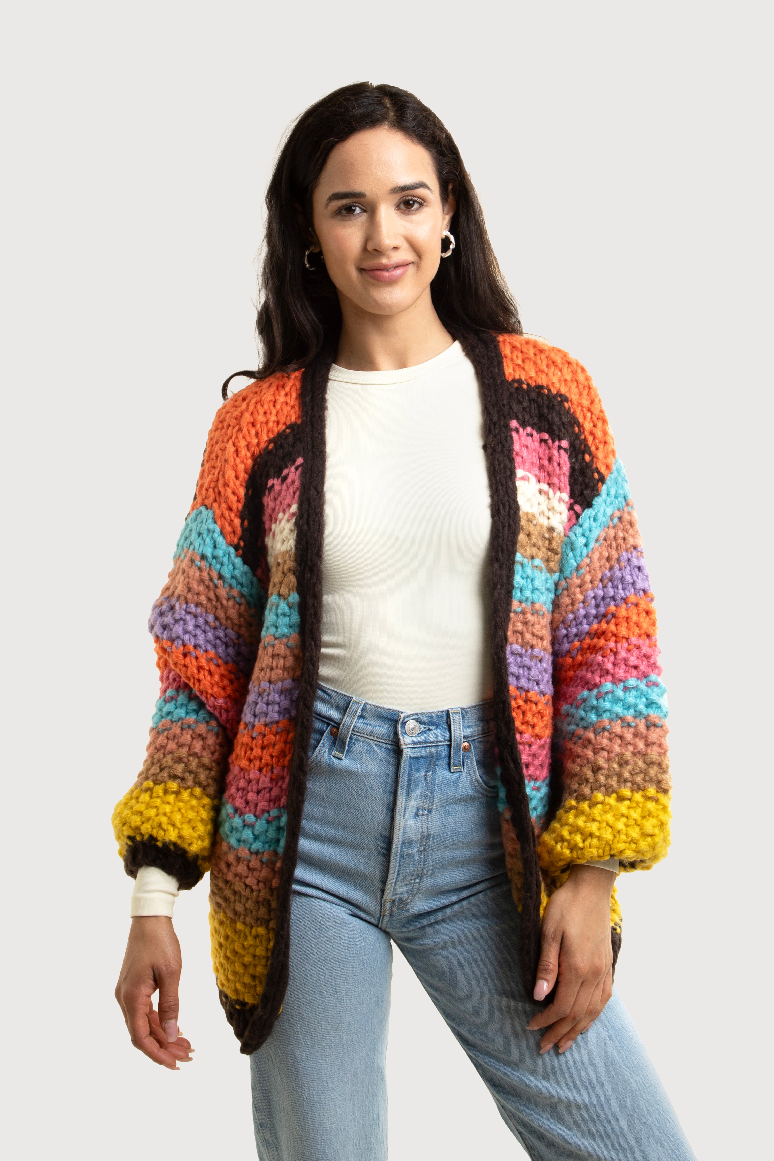 Rainbow Knitted Cardigan for Women - Soft Cozy Oversized Sweater - Perfect for Fall, Winter & Spring - Office, Casual & Home Wear