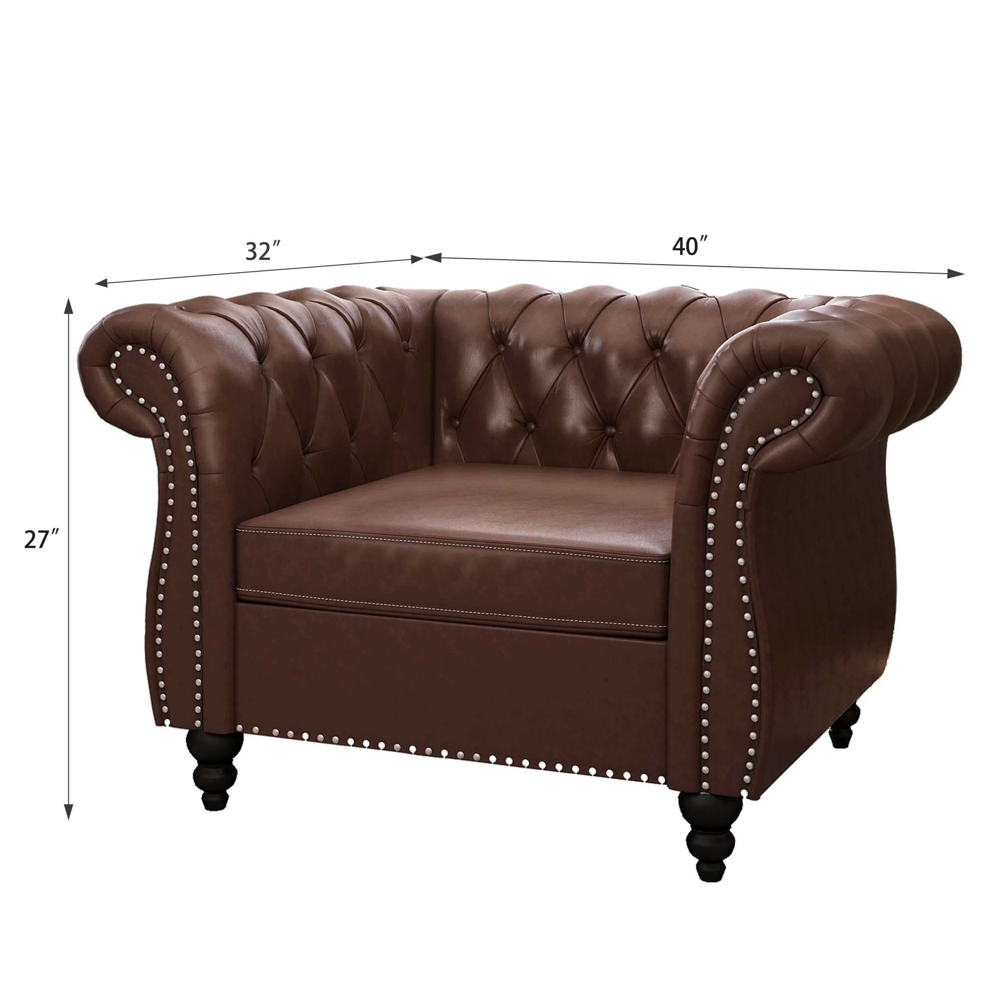 3-Piece Chesterfield Leather Living Room Set - Sofa, Loveseat & Chair with Scroll Arms & Nailhead Trim - Dark Brown - Perfect for Home Office & Elegant Living Spaces