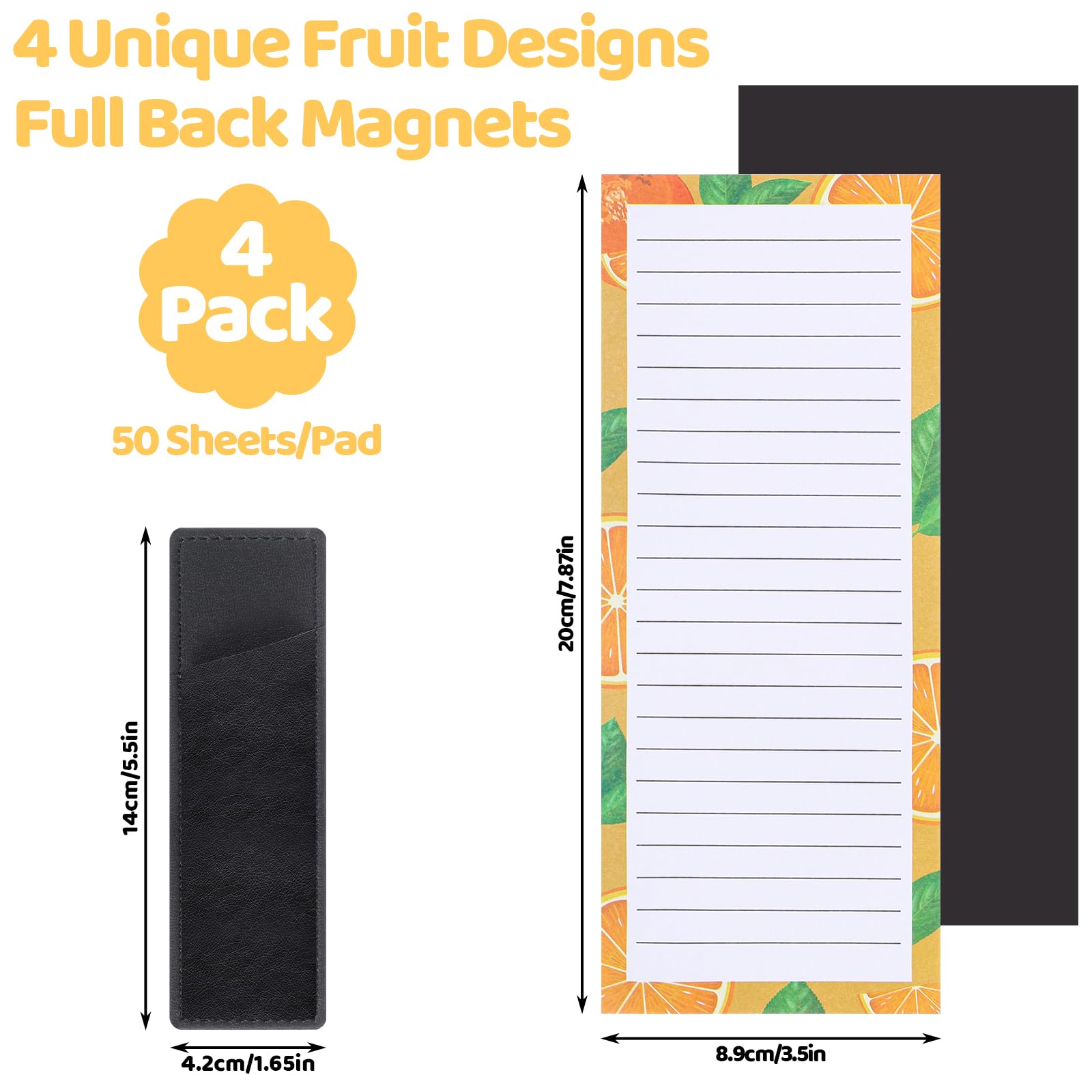 4 Pack Magnetic Notepad for Refrigerator with Pen Holder - 200 Sheets Grocery Shopping List Memo Pad, Fruit Design - Perfect for Kitchen Organization & Fridge Reminders