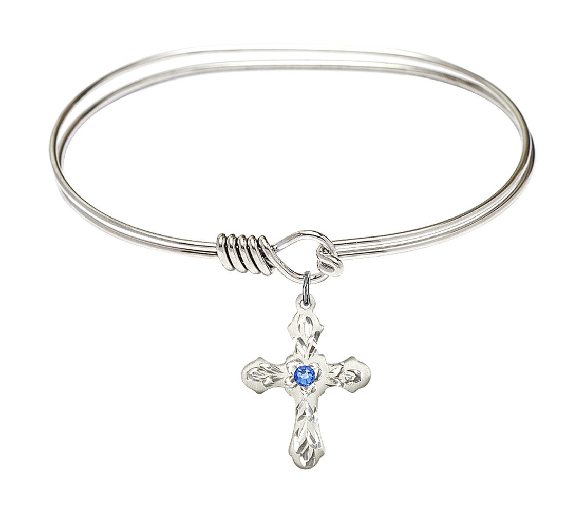 7 Inch Oval Eye Hook Bangle Bracelet with Cross Charm & September Birthstone Blue Crystal - Perfect for Gifts, Parties, and Everyday Wear