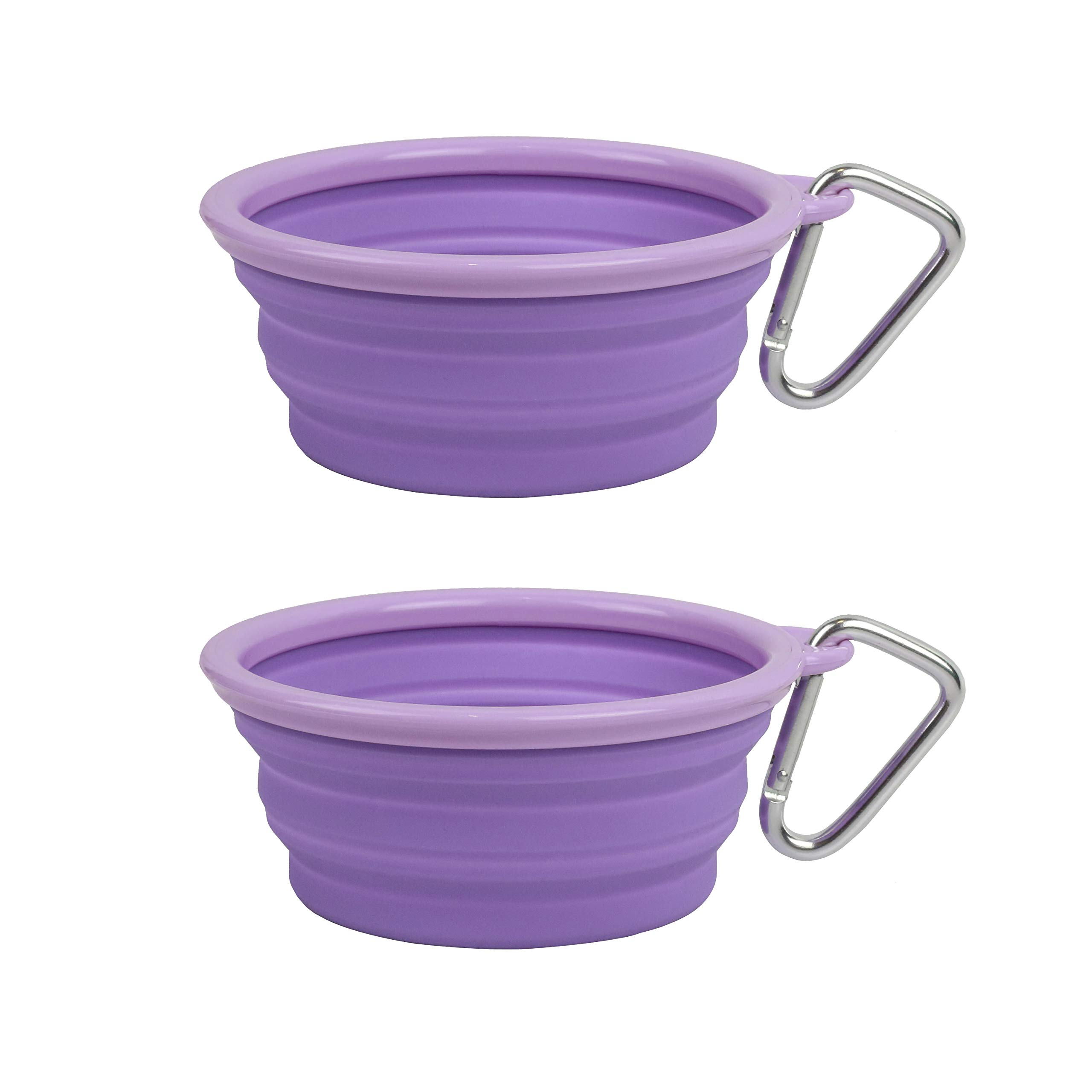 Collapsible Silicone Travel Water Bowl with Clip for Dogs and Cats – Portable, Durable Pop-up Pet Feeder for Hiking, Camping & Travel – Small (1.5 Cup) Purple – 2 Pack