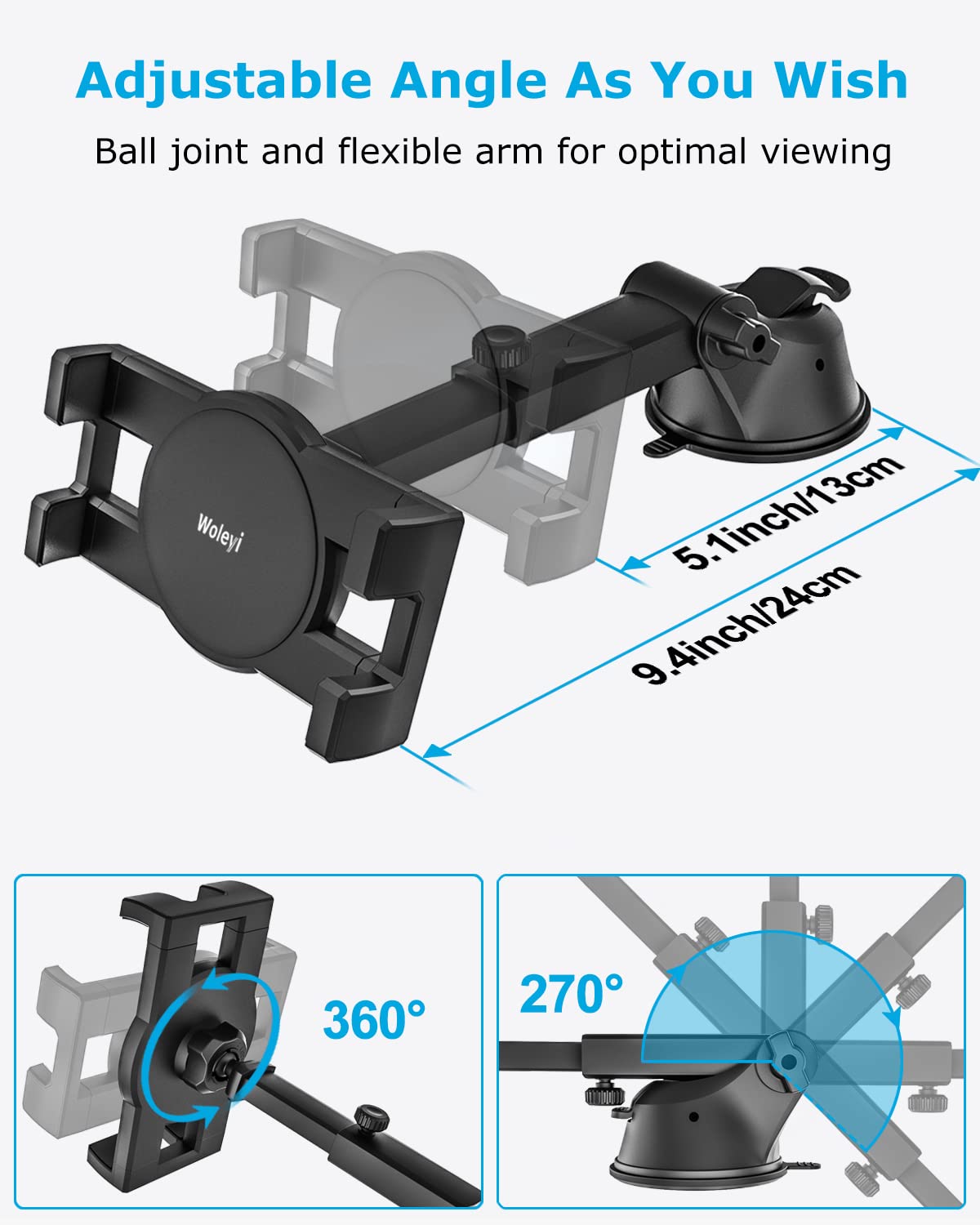 Woleyi Universal Car Dashboard & Windshield Tablet Holder - Adjustable Telescopic Arm Suction Cup Mount for iPad Pro/Air/Mini, Galaxy Tabs & 4.7-13