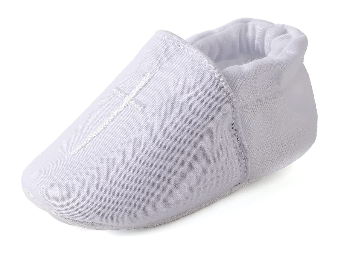 White Embroidered Cross Baby Baptism Shoes - Christening, First Communion & Easter Shoes for Newborns, Infants & Toddlers - Soft Crib & First Walking Shoes for Church & Special Occasions