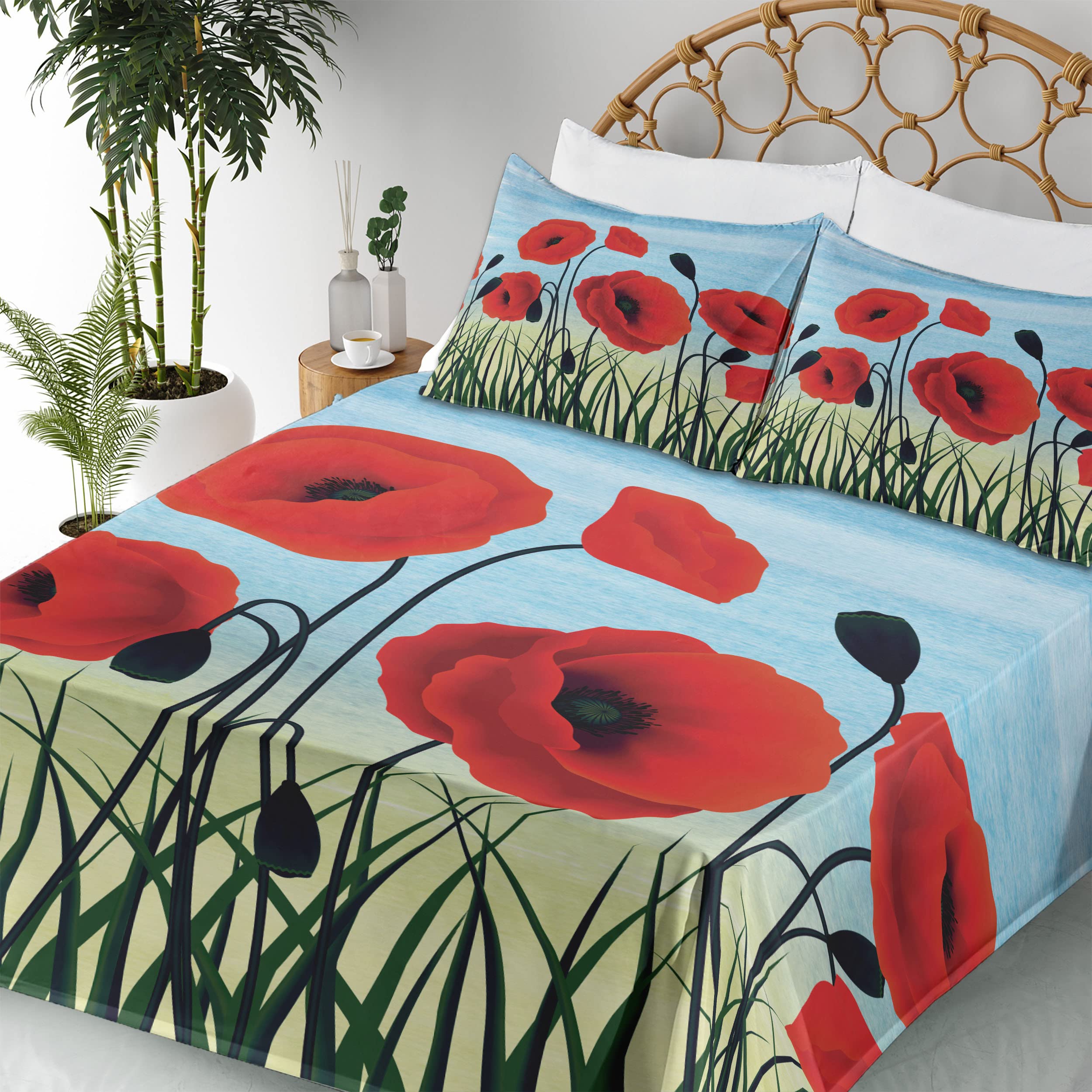 Ambesonne Poppy Flower Bed Sheet Set - 4 Piece King Size with Digitally Printed Floral Design, Grass & Fields Pattern - Fitted Sheet, Flat Sheet & 2 Pillowcases in Vermilion Charcoal Grey - Perfect for Master Bedroom, Guest Room & Vacation Home Decor