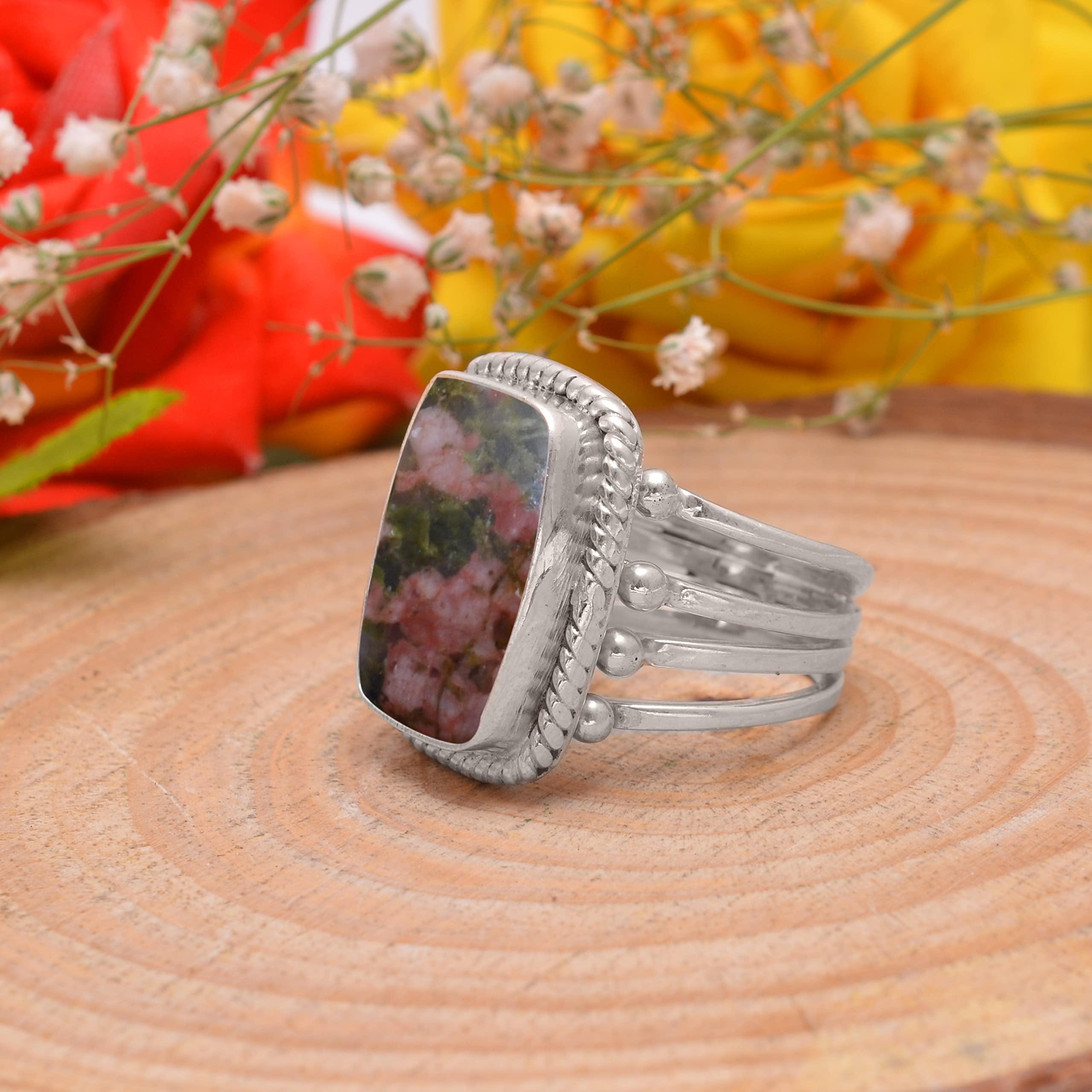 Veracity Jewelry 925 Sterling Silver Unakite Jasper Ring for Women - Natural Orange Green Red Healing Gemstone Meditation Jewelry - Perfect for Yoga, Spiritual Healing & Everyday Wear - VSR-819