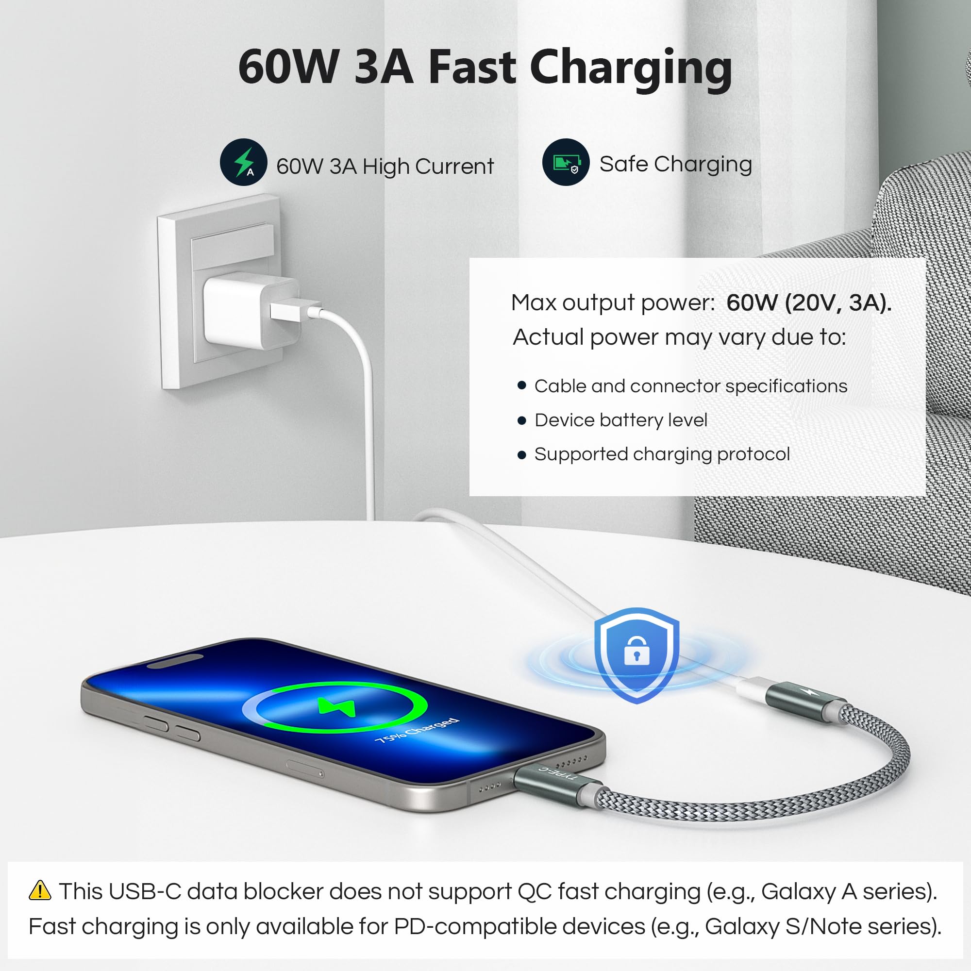 RUXELY 3-Pack USB C Data Blocker Adapter - 60W Charge Only Type-C Cable for iPhone 16, Apple 15, Samsung Galaxy S25/S24, iPad Air - Protect Against Juice Jacking & Data Theft - Perfect for Travel, Public Charging & Secure Power Banks
