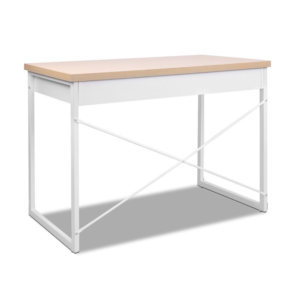 White Metal Desk with Wooden Top and Drawer - Modern Home Office Furniture for Small Spaces, Study & Workstation Setup