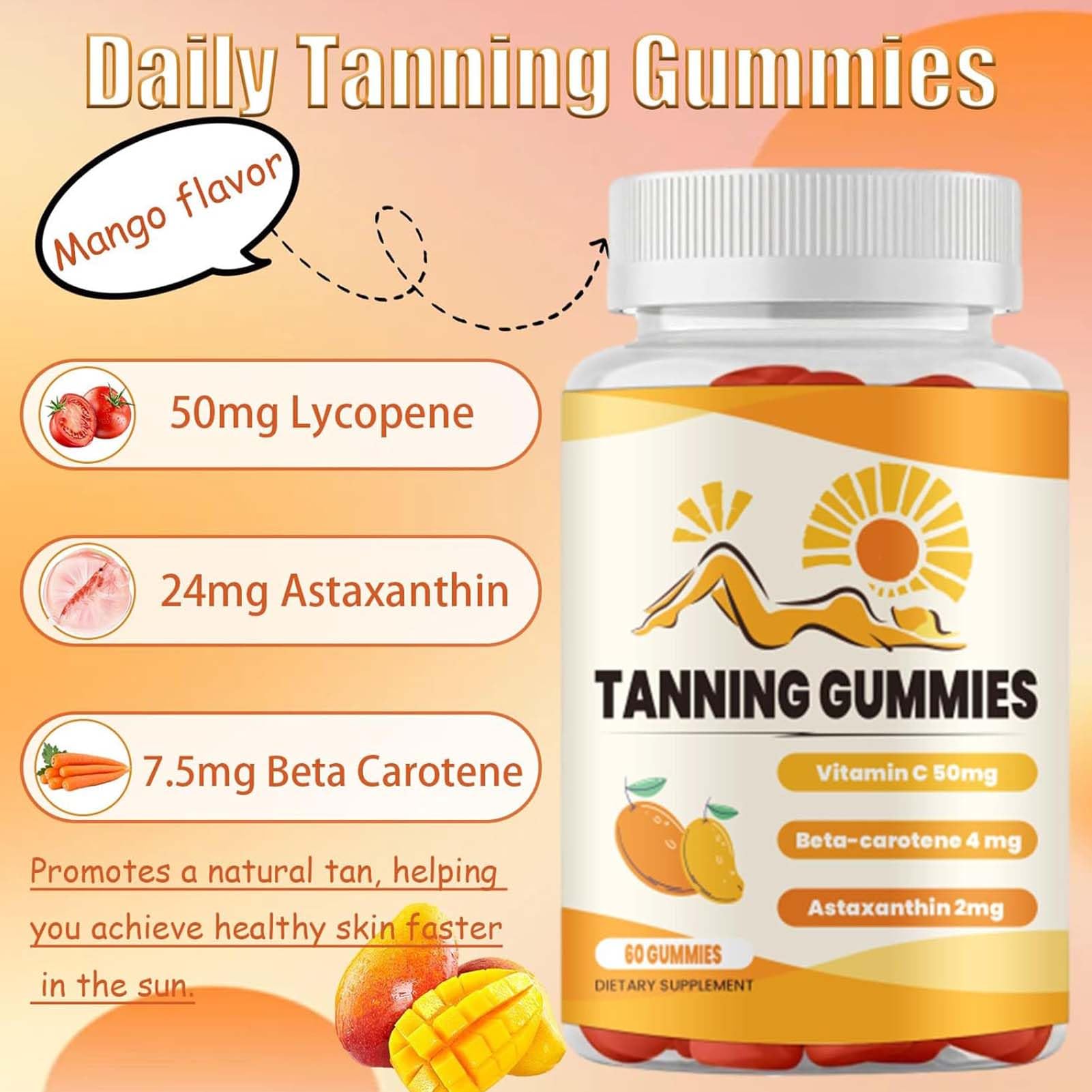 Natural Tanning Gummies with Beta-Carotene, Lycopene & Astaxanthin - Vegan, Non-GMO Supplement for Sun-Kissed Glow (60 Count) | Perfect for Beach Days, Vacations & Healthy Summer Skin Care