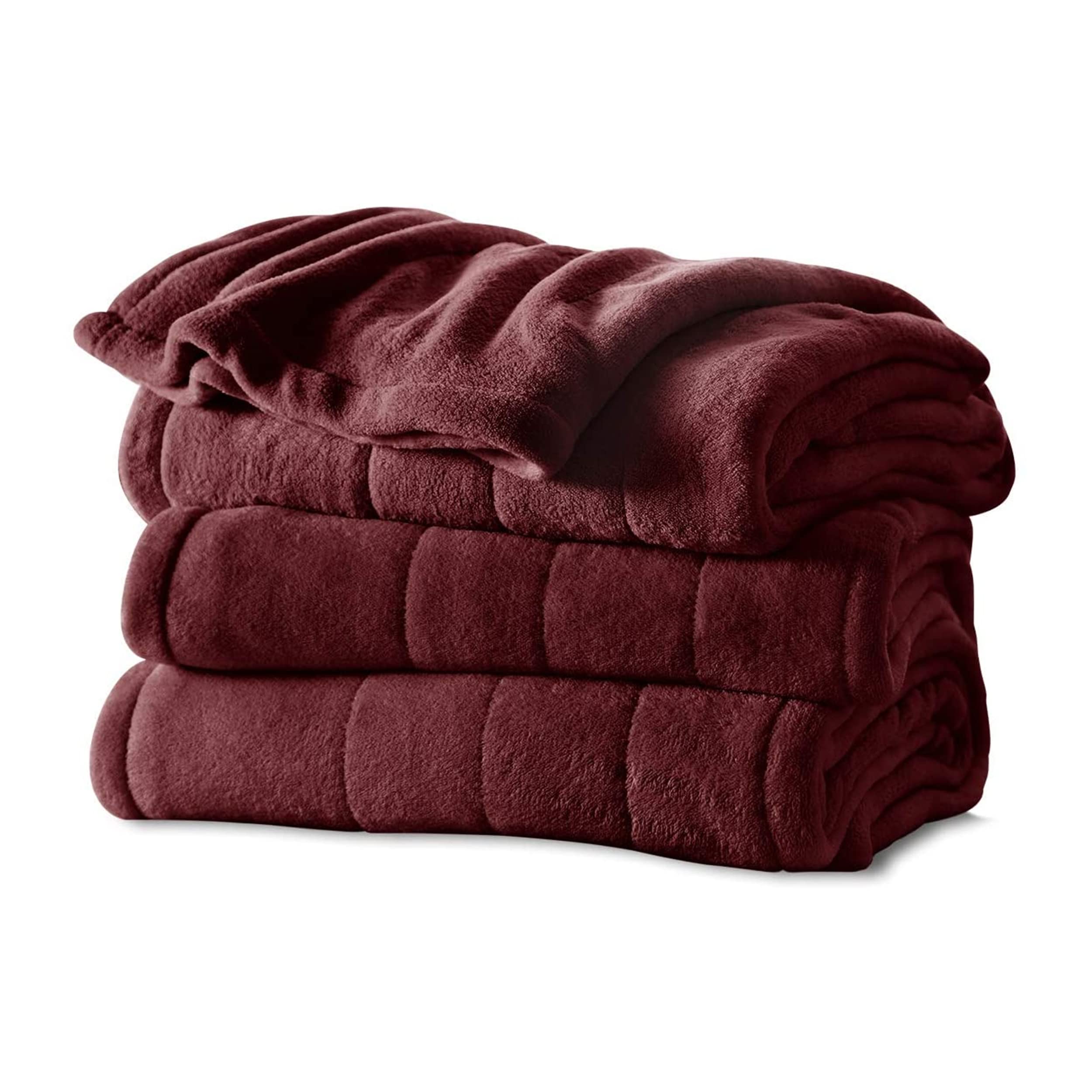 Sunbeam Queen Size Electric Heated MicroPlush Blanket - Garnet Red with Dual Digital Controllers | Ultra Soft Warming Blanket for Cold Nights, Bedroom, Living Room & Office Use