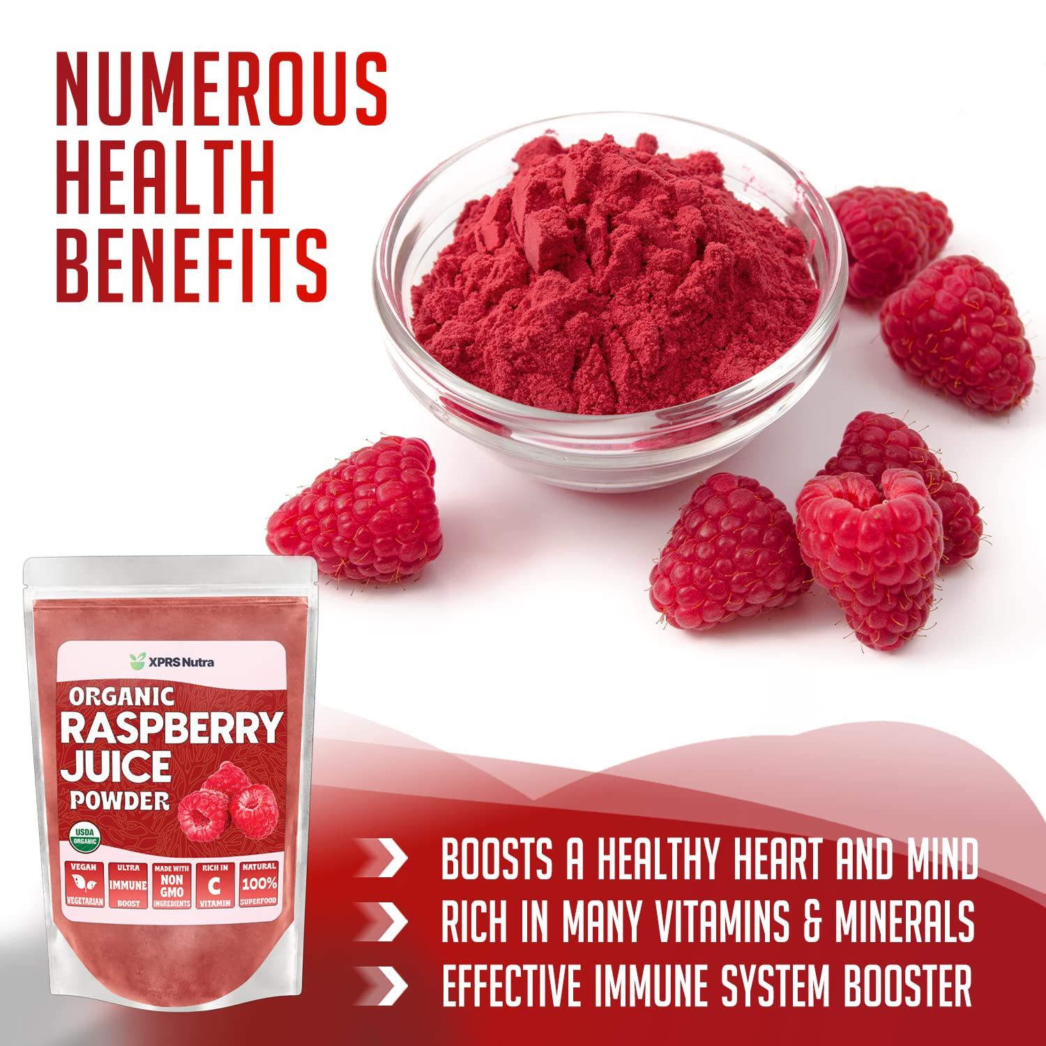 Organic Raspberry Juice Powder by XPRS Nutra - Vegan Superfood Supplement for Immune Support with Vitamin C - 8 oz for Smoothies, Drinks & Baking - Antioxidant-Rich Raspberry Powder for Energy & Wellness